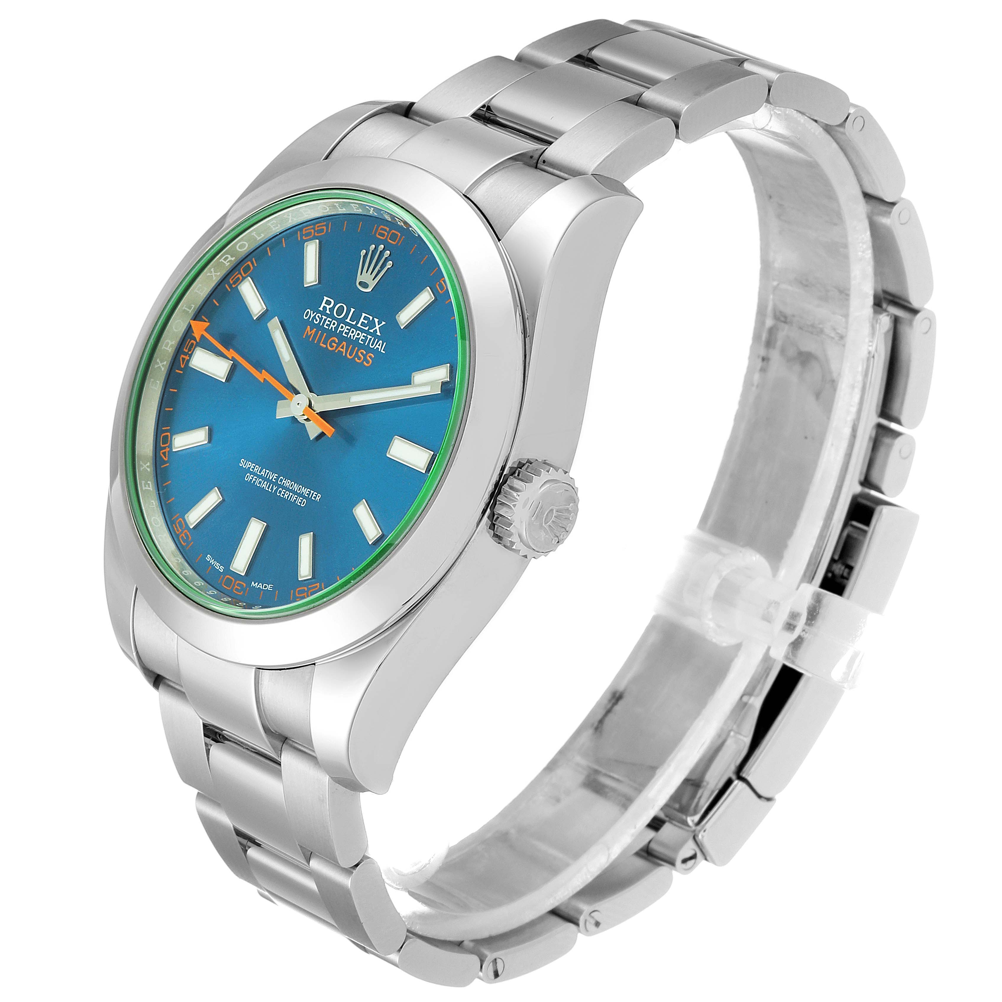 The image shows a side angle of the Rolex Milgauss 116400GV Men's Stainless Steel Blue Dial 116400GV Men's Stainless Steel Blue Dial watch, highlighting the face, crown, and bracelet.
