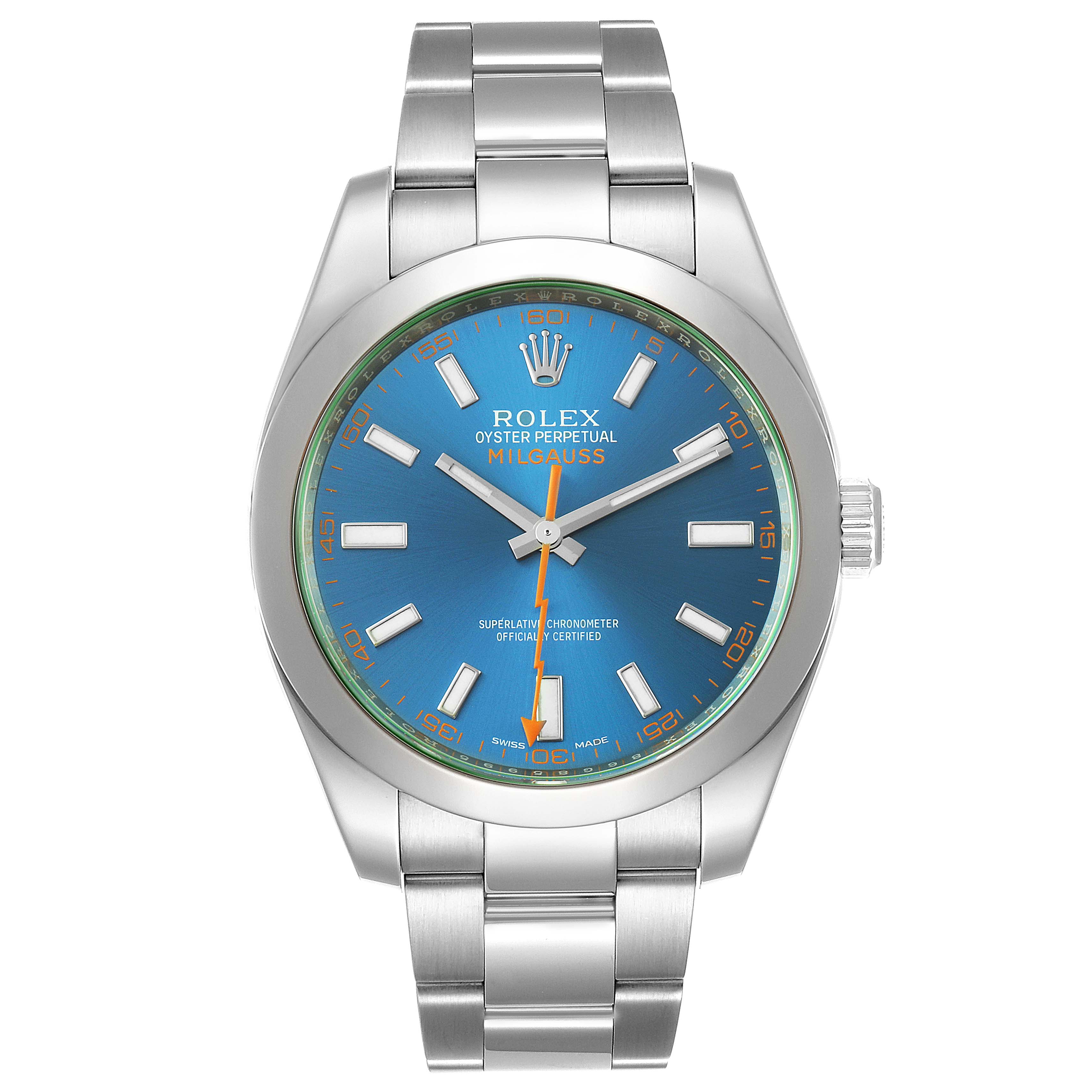 The image shows a front view of a Rolex Milgauss 116400GV Men's Stainless Steel Blue Dial 116400GV Men's Stainless Steel Blue Dial watch, displaying its face, hands, crown, and stainless steel bracelet.