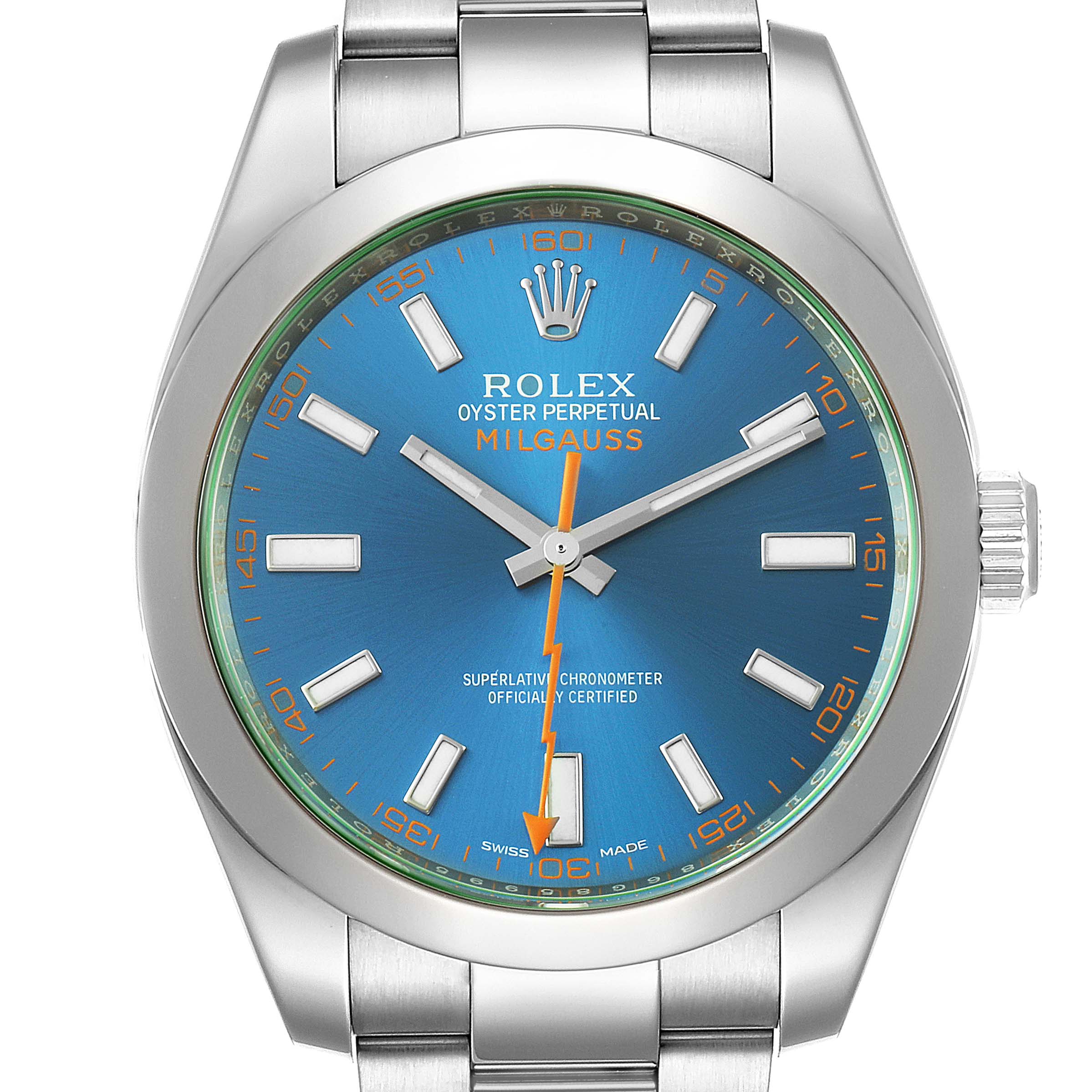 The image displays a frontal view of a Rolex Milgauss 116400GV Men's Stainless Steel Blue Dial 116400GV Men's Stainless Steel Blue Dial watch, showcasing its dial, hands, crown, and part of its bracelet.