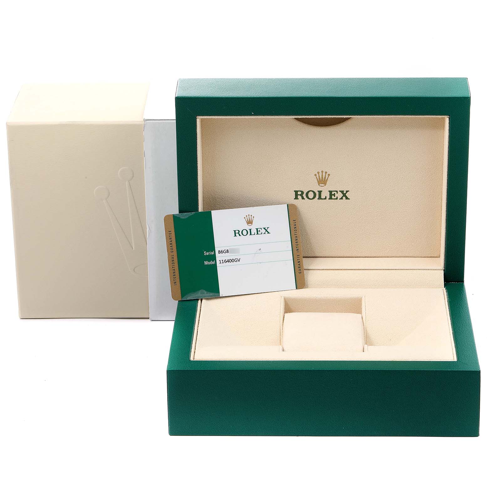 The image shows the open box and authenticity card for a Rolex Milgauss 116400GV Men's Stainless Steel Blue Dial 116400GV Men's Stainless Steel Blue Dial watch model.