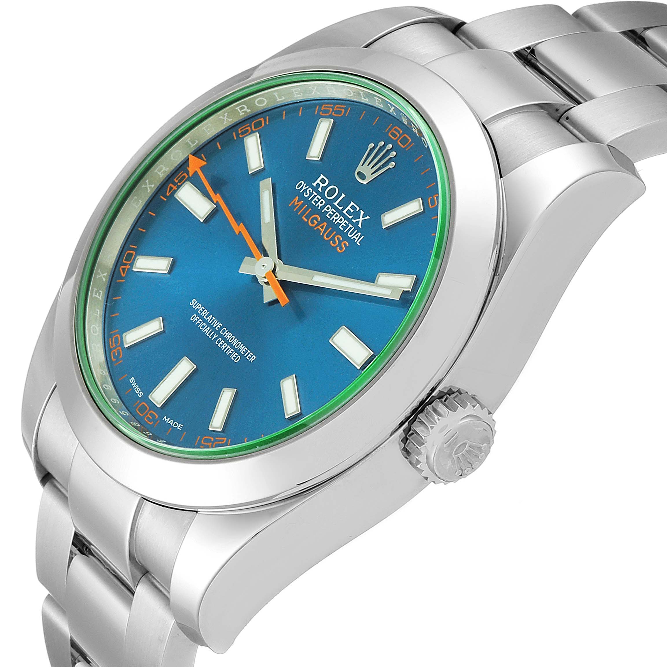 The image shows a side angle of the Rolex Milgauss 116400GV Men's Stainless Steel Blue Dial 116400GV Men's Stainless Steel Blue Dial watch, highlighting the dial, crown, and stainless steel bracelet.