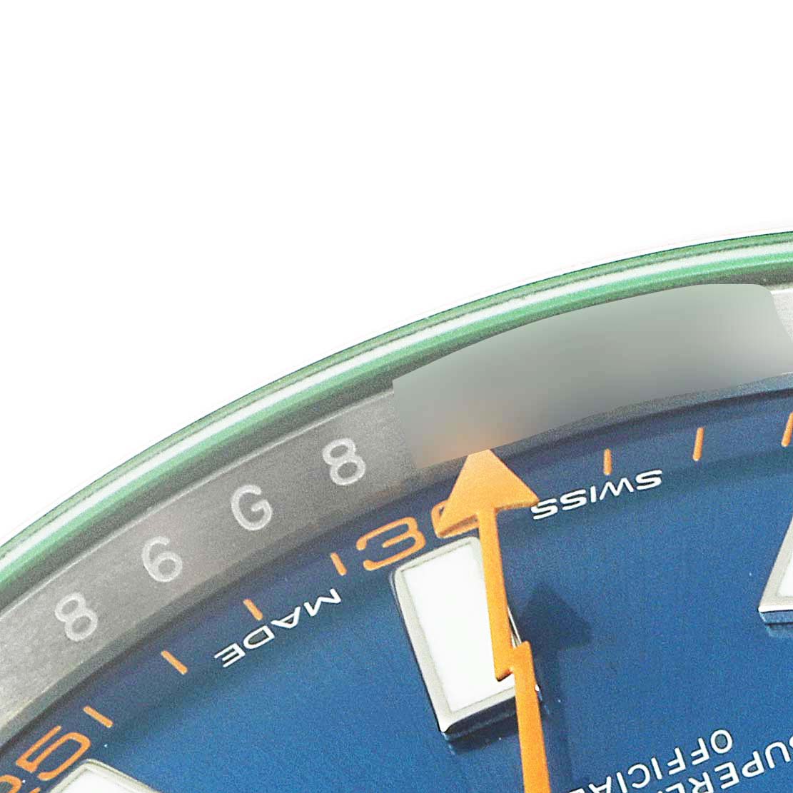 This image shows a close-up angle of the Rolex Milgauss 116400GV Men's Stainless Steel Blue Dial 116400GV Men's Stainless Steel Blue Dial watch, focusing on part of the dial with numerals and the orange second hand.