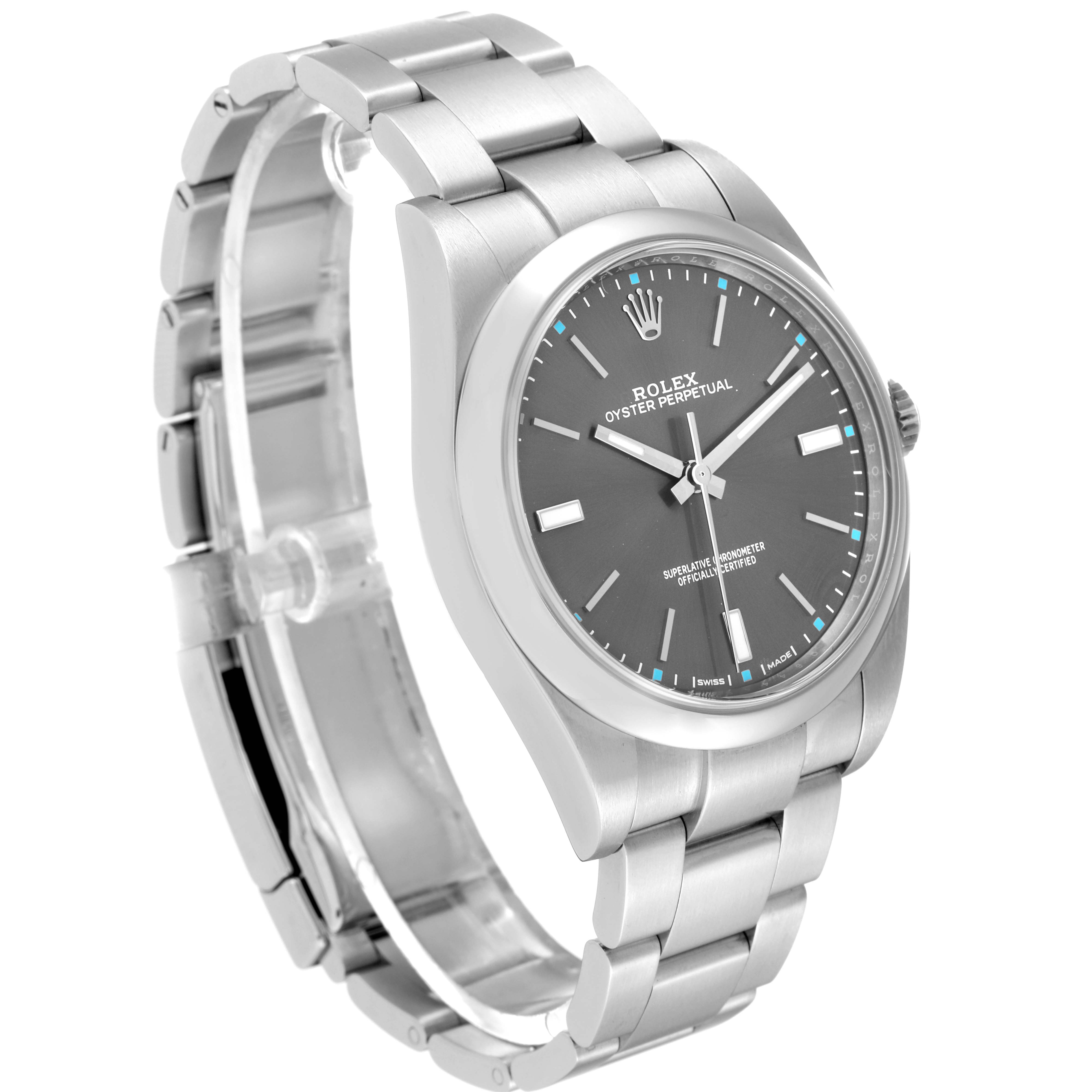 The image shows a side-angle view of a Rolex Oyster Perpetual 114300 Men's Stainless Steel Grey Dial 114300 Men's Stainless Steel Grey Dial watch, highlighting the dial, bezel, and bracelet.