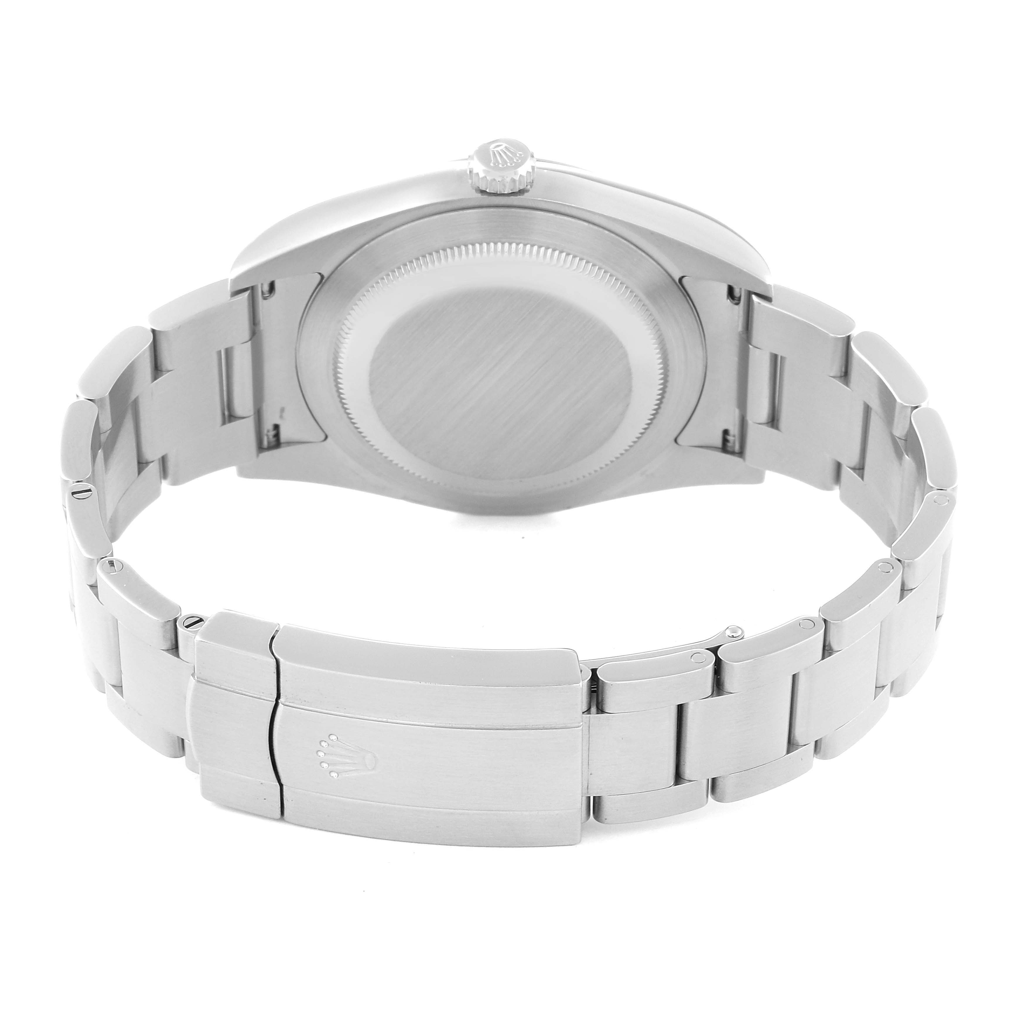 This image shows the back and clasp of a Rolex Oyster Perpetual 114300 Men's Stainless Steel Grey Dial 114300 Men's Stainless Steel Grey Dial watch, highlighting its bracelet and case back.