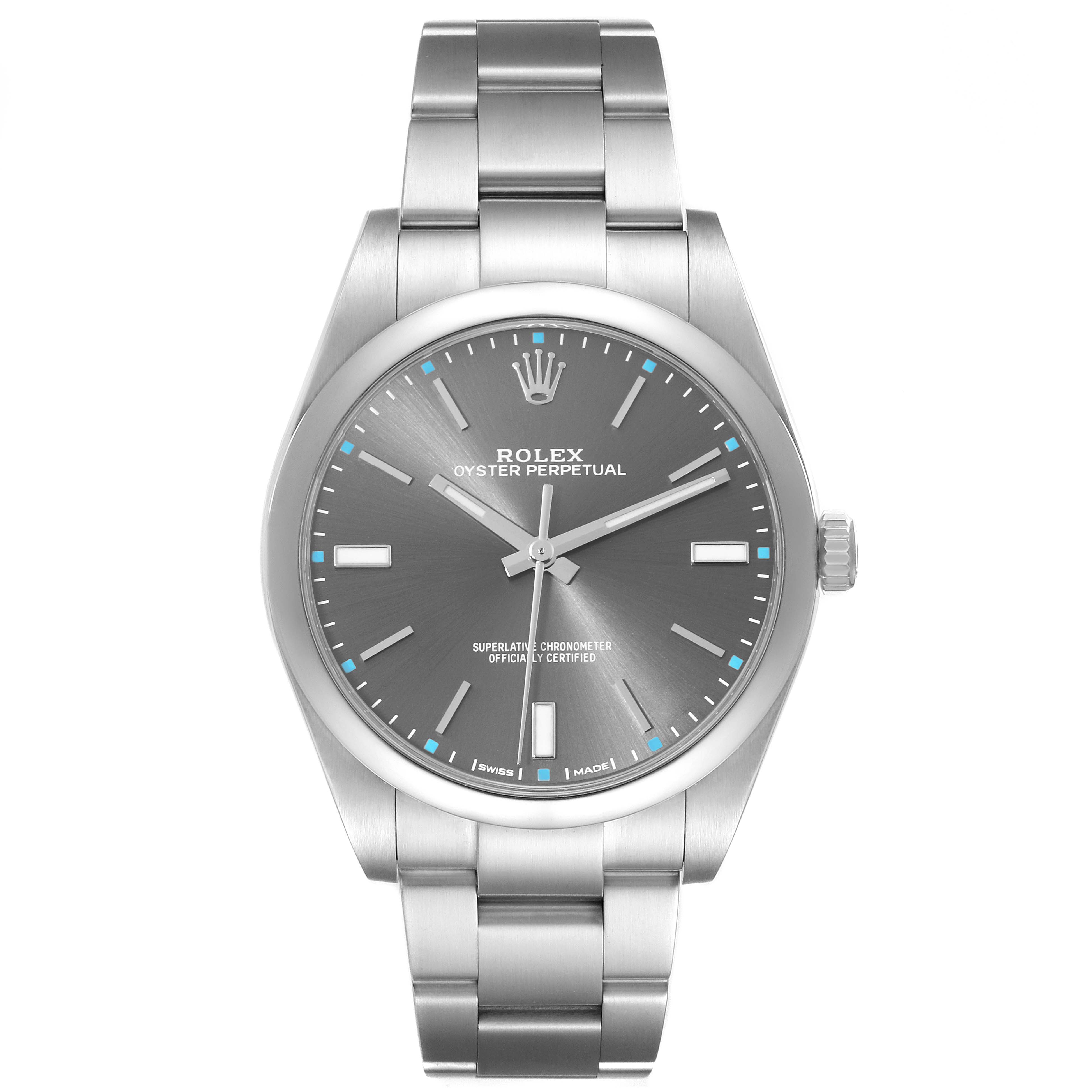 The image shows a frontal view of a Rolex Oyster Perpetual 114300 Men's Stainless Steel Grey Dial 114300 Men's Stainless Steel Grey Dial watch, displaying the full face, bezel, and bracelet.