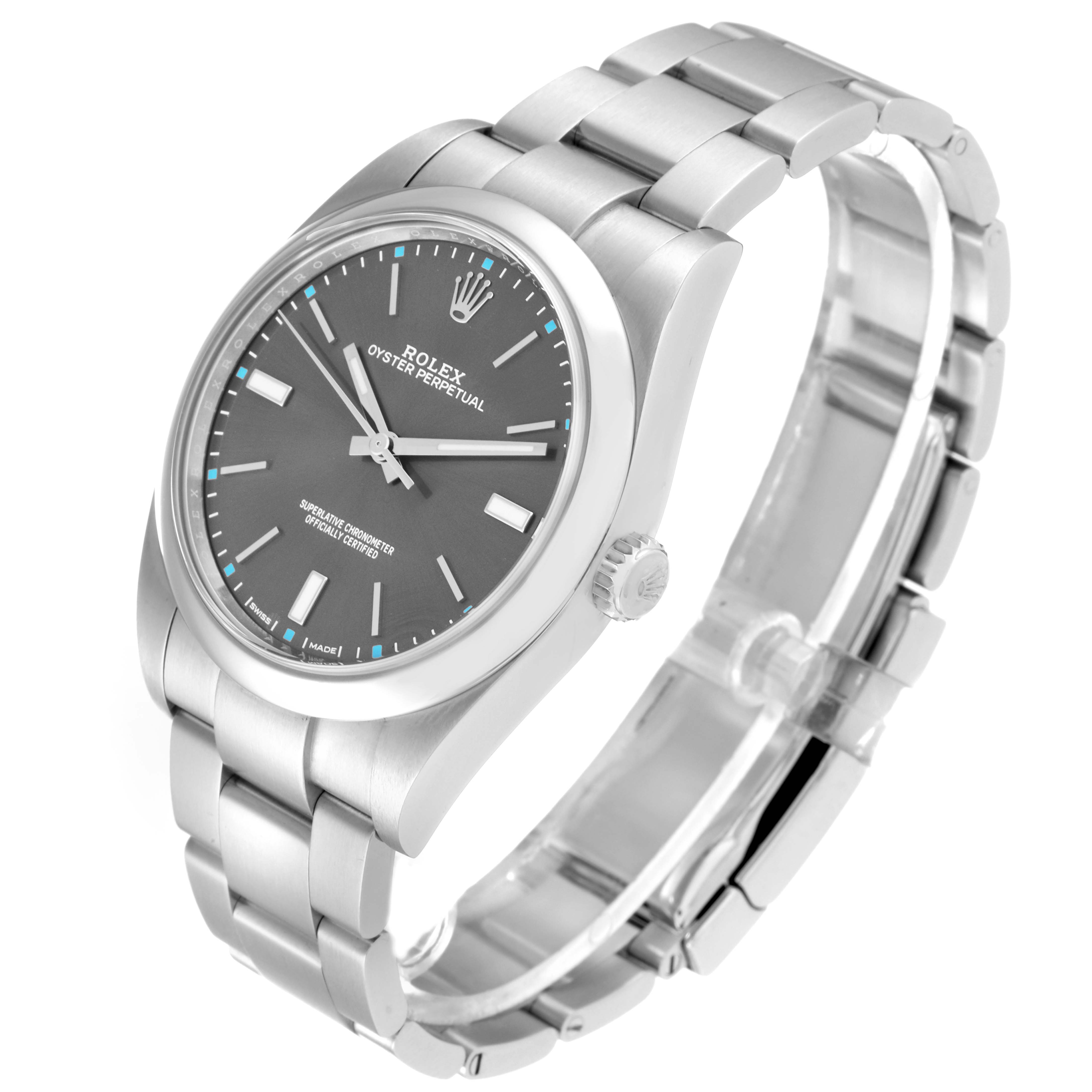 The image shows a Rolex Oyster Perpetual 114300 Men's Stainless Steel Grey Dial 114300 Men's Stainless Steel Grey Dial watch taken from a three-quarter angle, displaying the case, dial, bracelet, and crown.