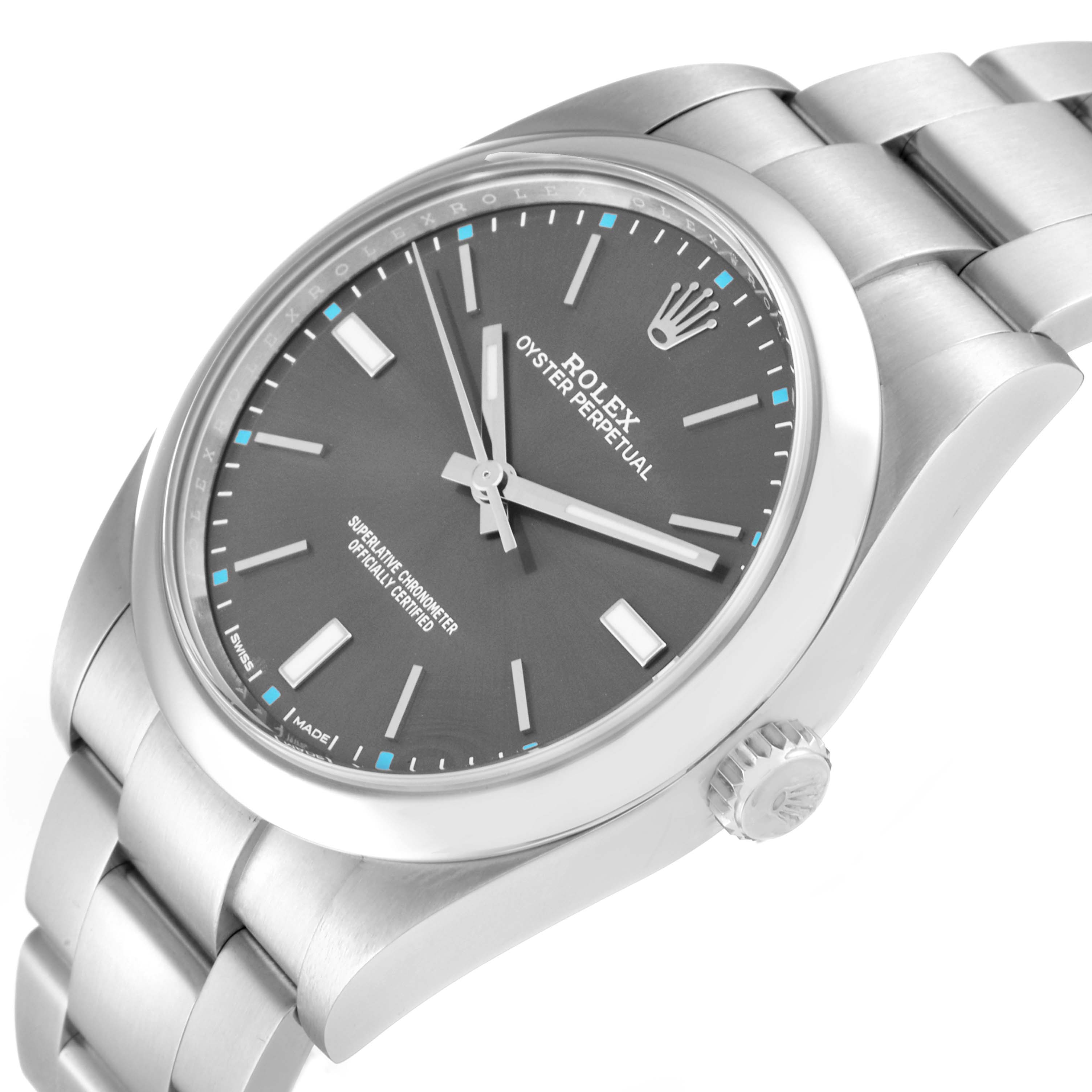 This image shows a Rolex Oyster Perpetual 114300 Men's Stainless Steel Grey Dial 114300 Men's Stainless Steel Grey Dial watch from a three-quarter angle, focusing on the dial, crown, and bracelet.