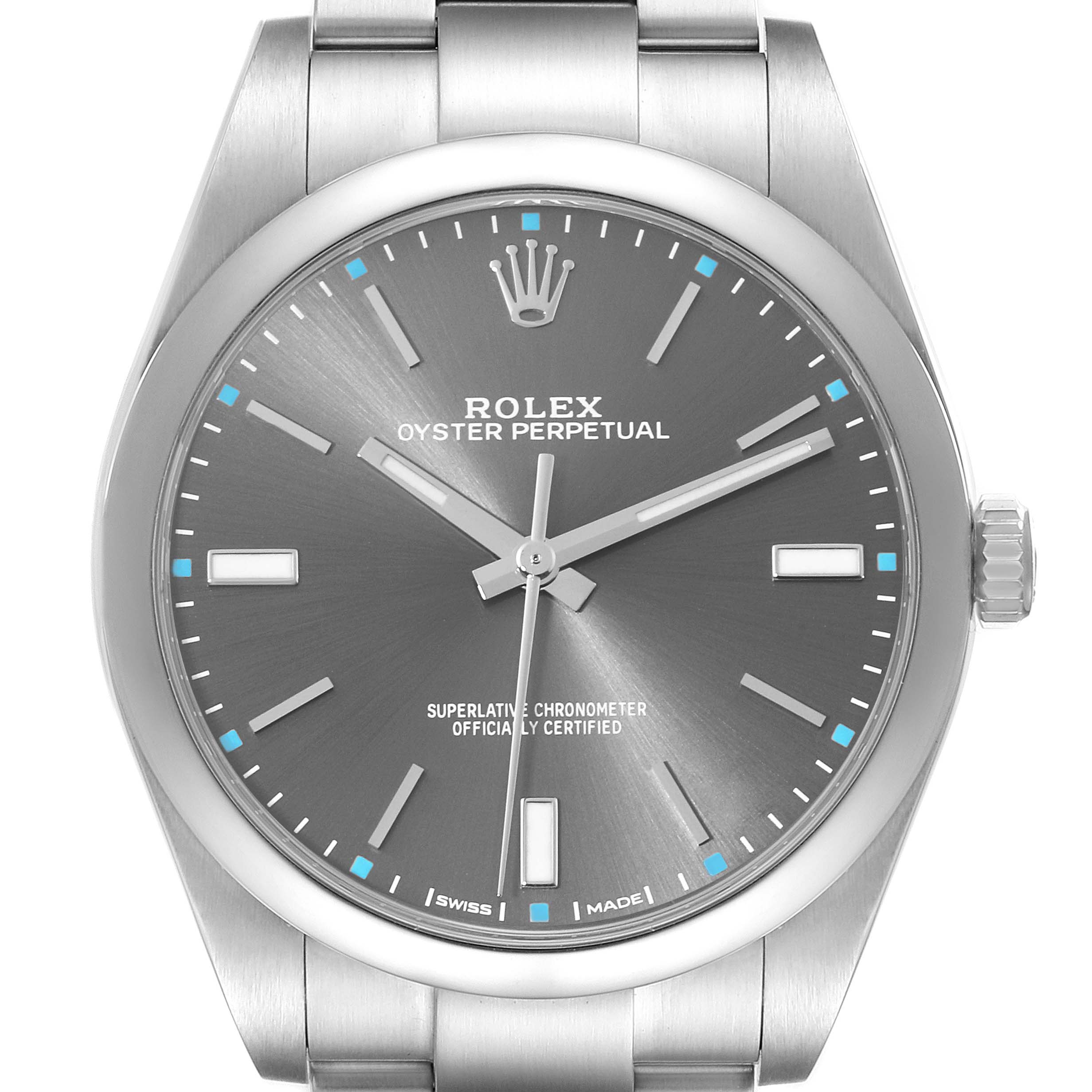 The image shows a frontal view of a Rolex Oyster Perpetual 114300 Men's Stainless Steel Grey Dial 114300 Men's Stainless Steel Grey Dial watch, highlighting the dial, hands, and crown.