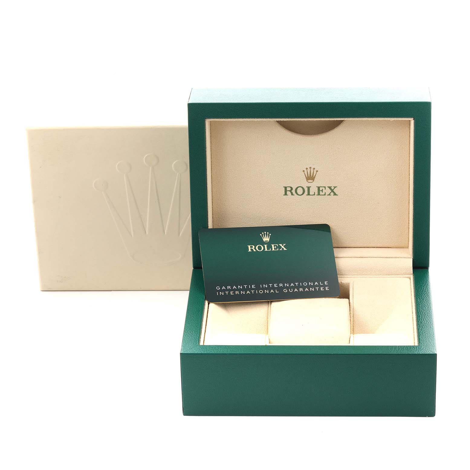 The image shows the open packaging and guarantee card for a Rolex Oyster Perpetual 124300 Men's Stainless Steel Black Dial 124300 Men's Stainless Steel Black Dial watch.