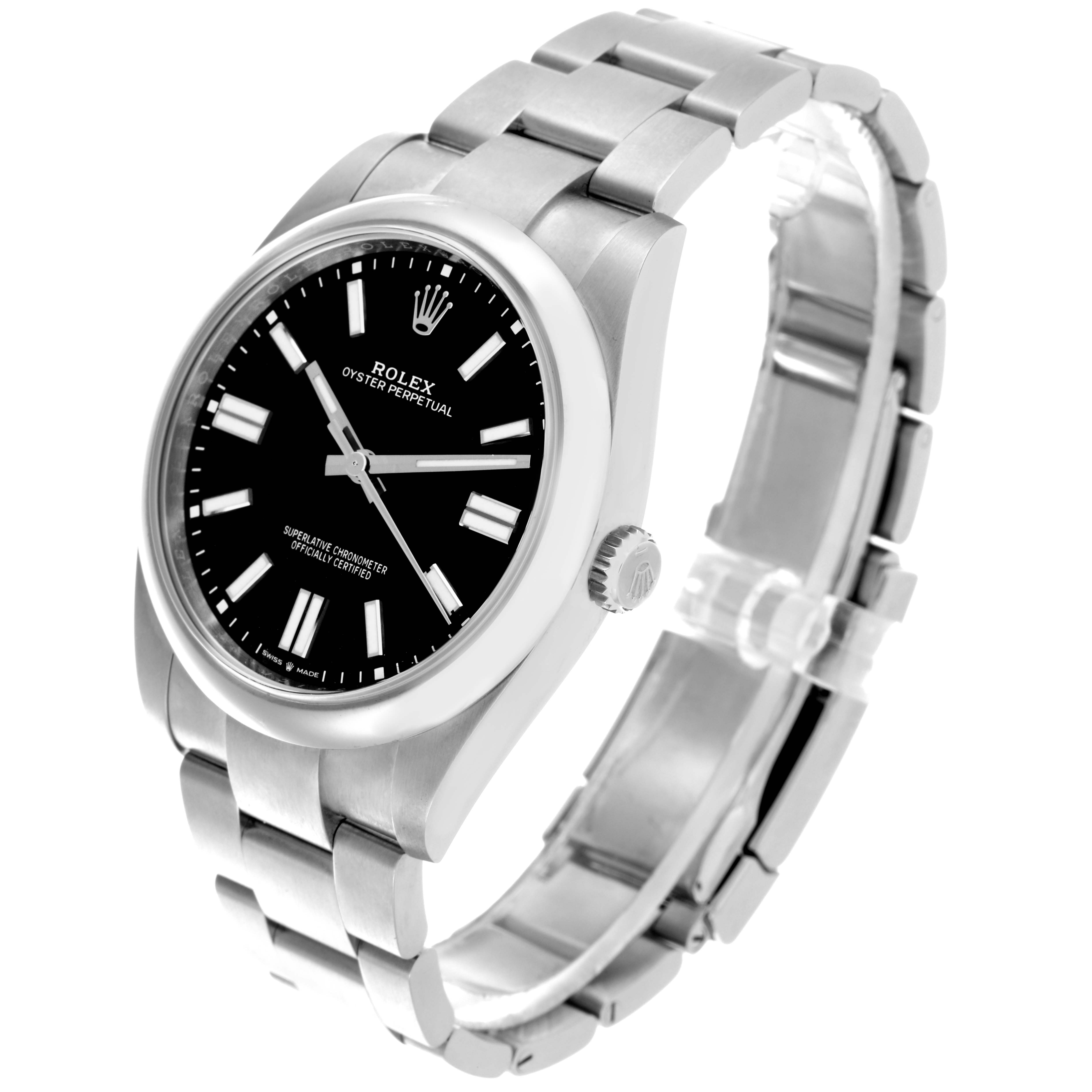 The Rolex Oyster Perpetual 124300 Men's Stainless Steel Black Dial 124300 Men's Stainless Steel Black Dial watch is shown at a three-quarter angle, displaying the face, bezel, crown, and bracelet.