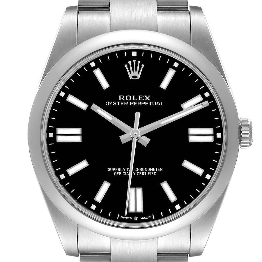 The Rolex Oyster Perpetual watch is shown from a front angle, highlighting its dial, bezel, and part of the bracelet.