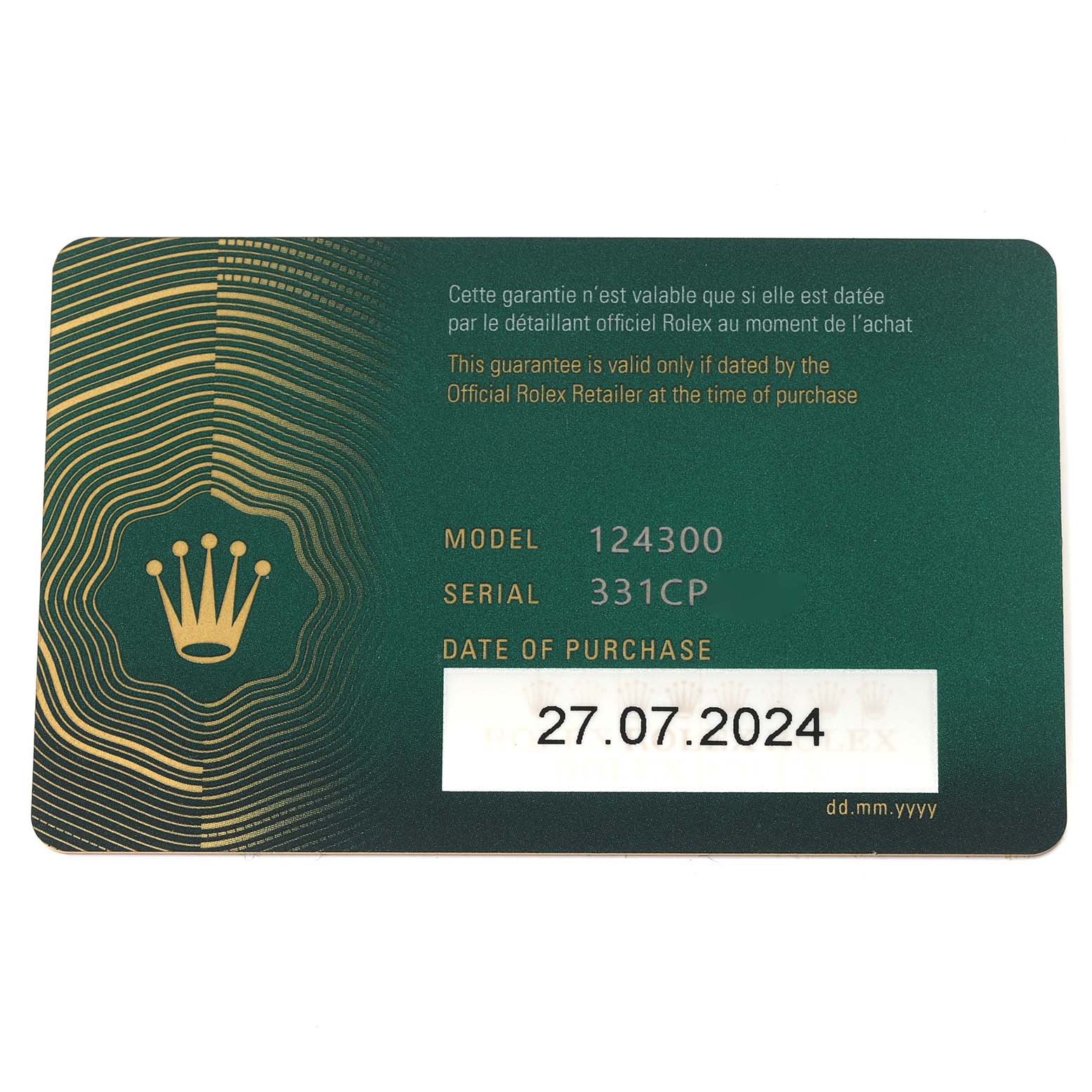 The image shows a Rolex Oyster Perpetual 124300 Men's Stainless Steel Black Dial 124300 Men's Stainless Steel Black Dial warranty card with model, serial number, and purchase date details.