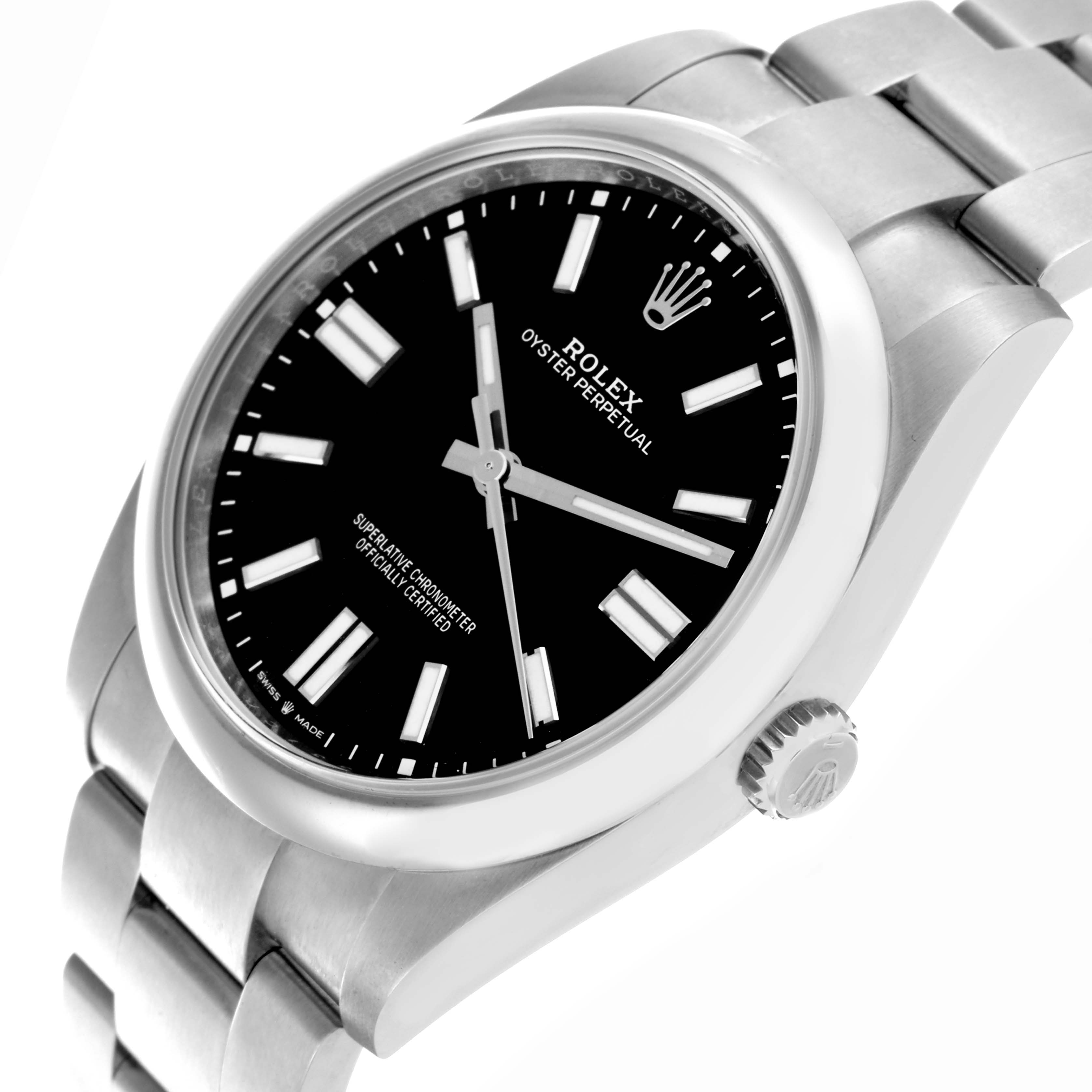 The Rolex Oyster Perpetual 124300 Men's Stainless Steel Black Dial 124300 Men's Stainless Steel Black Dial watch is shown at an angled close-up, highlighting the dial, bezel, and bracelet.