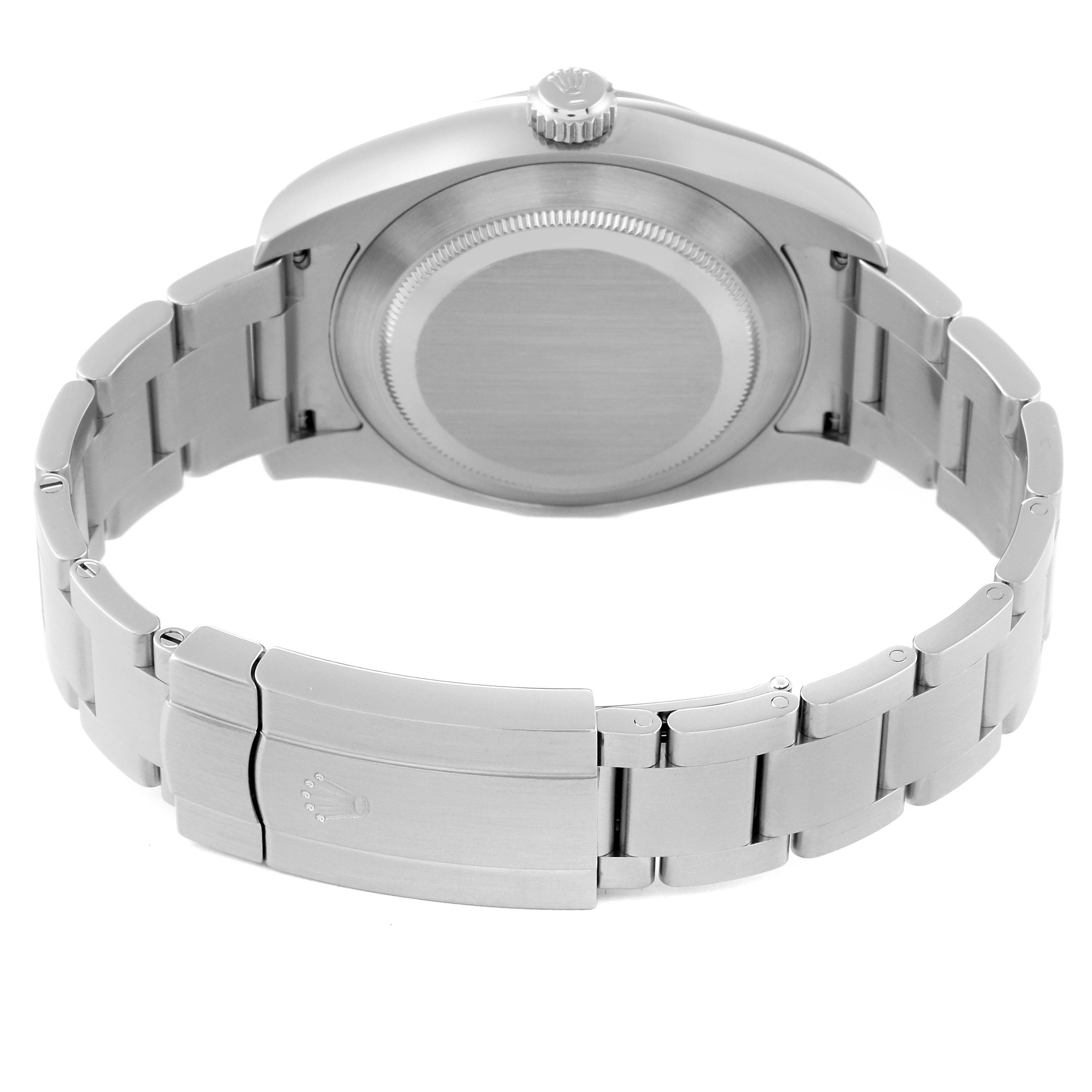 This image shows the back case and bracelet of a Rolex Air-King 116900 Men's Stainless Steel Black Dial 116900 Men's Stainless Steel Black Dial watch from a rear angle.