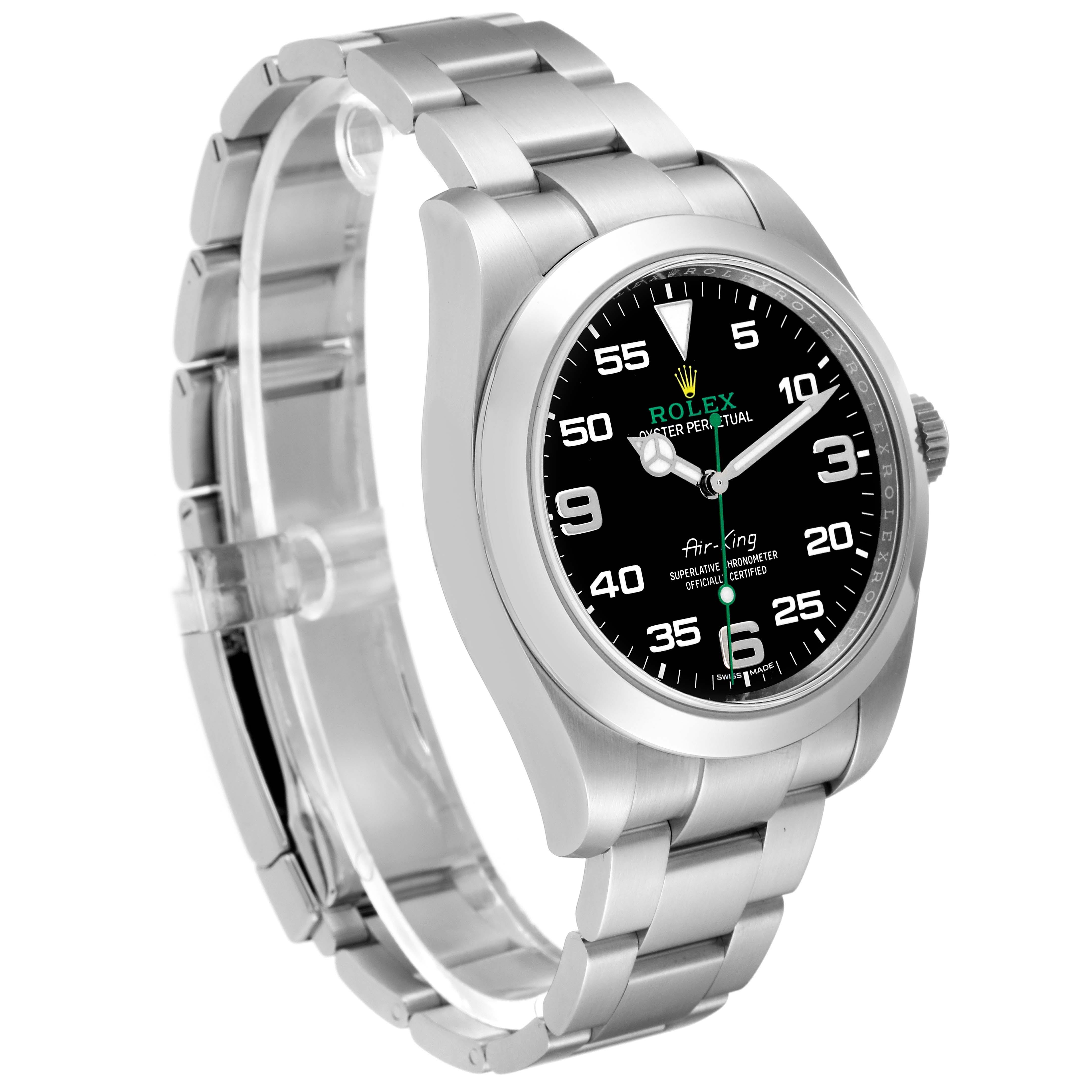 The image shows a side angle of a Rolex Air-King 116900 Men's Stainless Steel Black Dial 116900 Men's Stainless Steel Black Dial watch showcasing the dial, bracelet, and bezel.