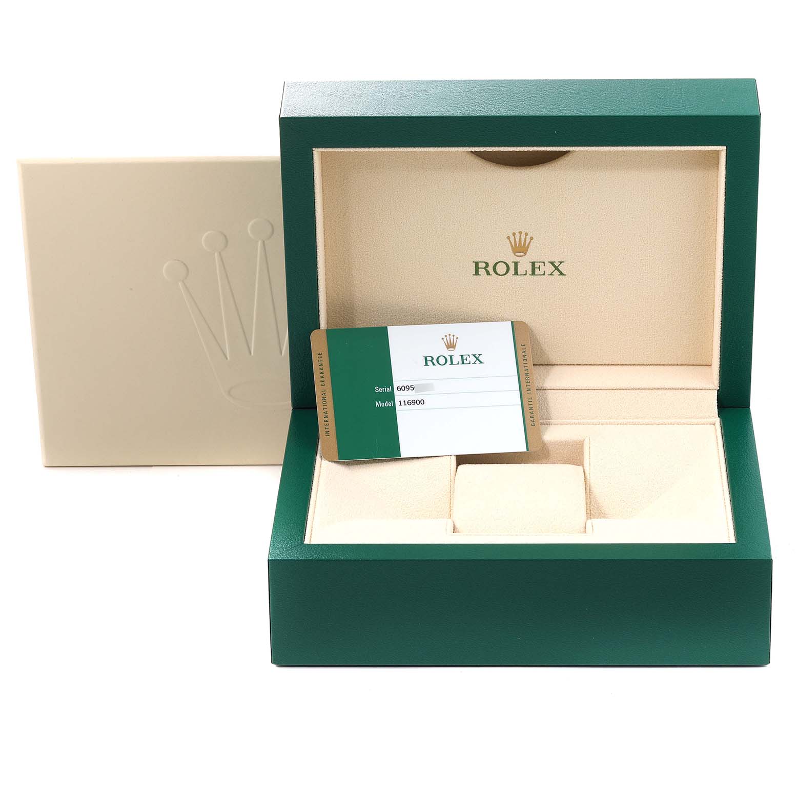 The image shows an open Rolex Air-King 116900 Men's Stainless Steel Black Dial 116900 Men's Stainless Steel Black Dial watch box with a certification card and interior compartments.