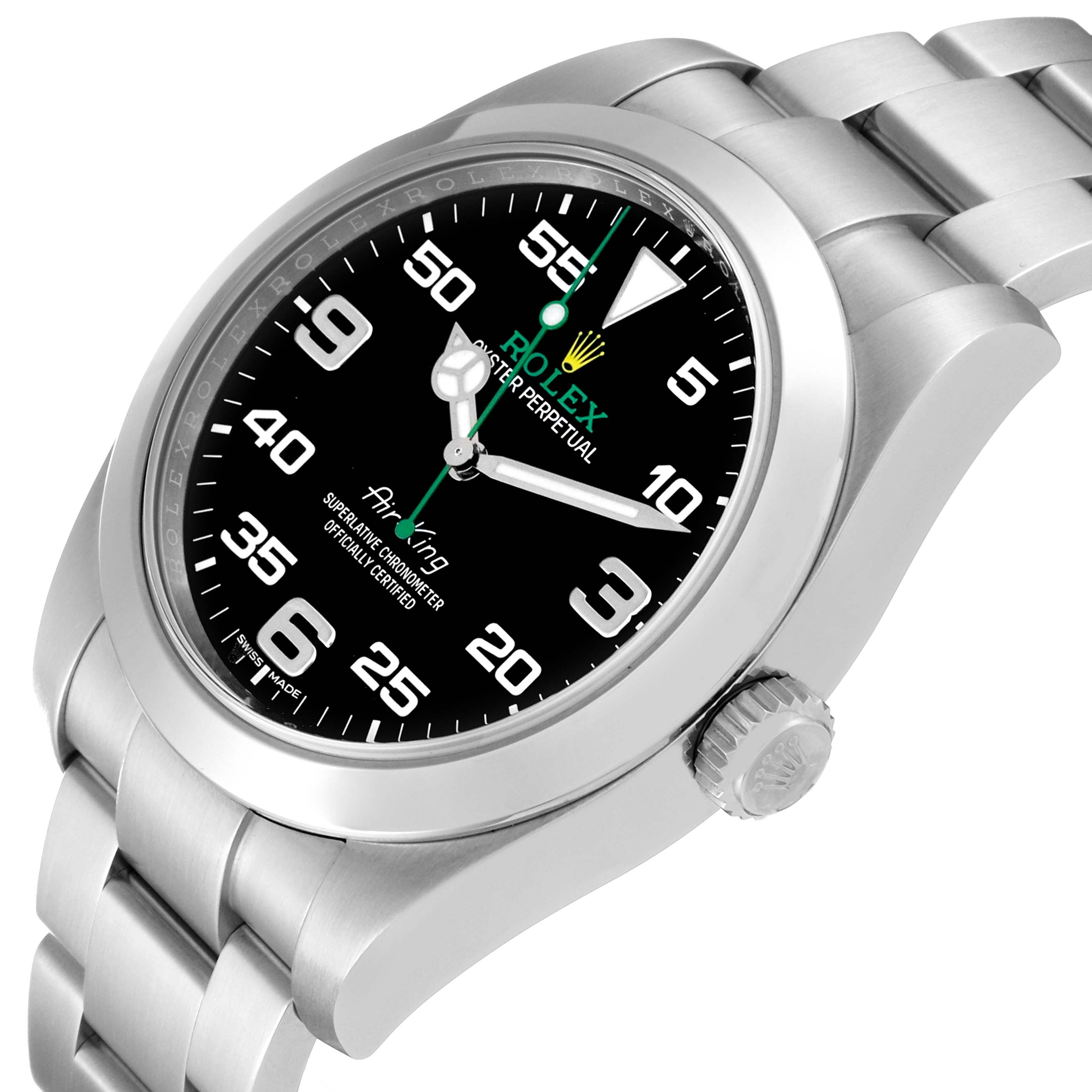 The image shows a Rolex Air-King 116900 Men's Stainless Steel Black Dial 116900 Men's Stainless Steel Black Dial watch from an angled side view, highlighting its black dial, stainless steel case, and bracelet.