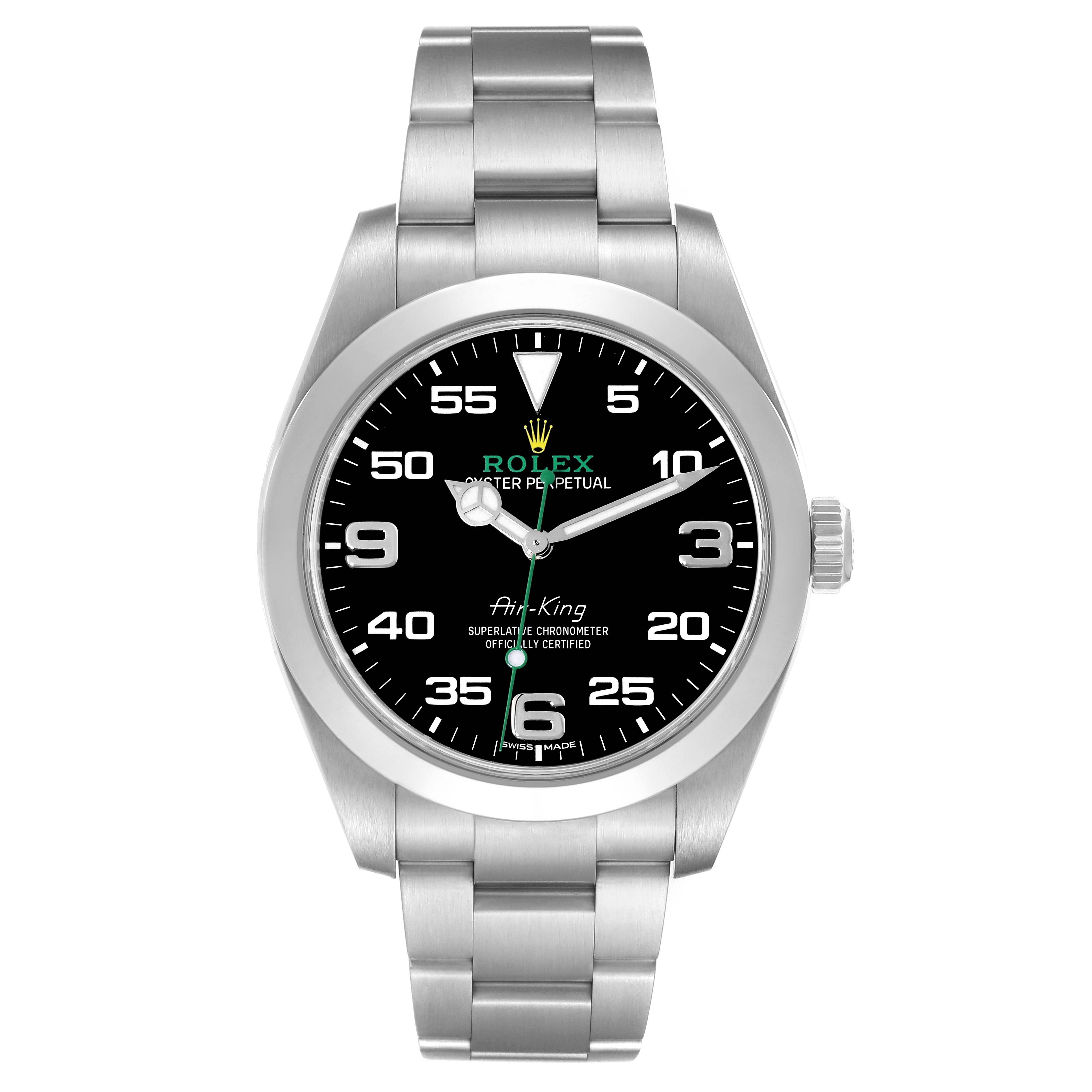 The image shows a front view of a Rolex Air-King 116900 Men's Stainless Steel Black Dial 116900 Men's Stainless Steel Black Dial watch, highlighting its dial, bezel, hands, and bracelet.
