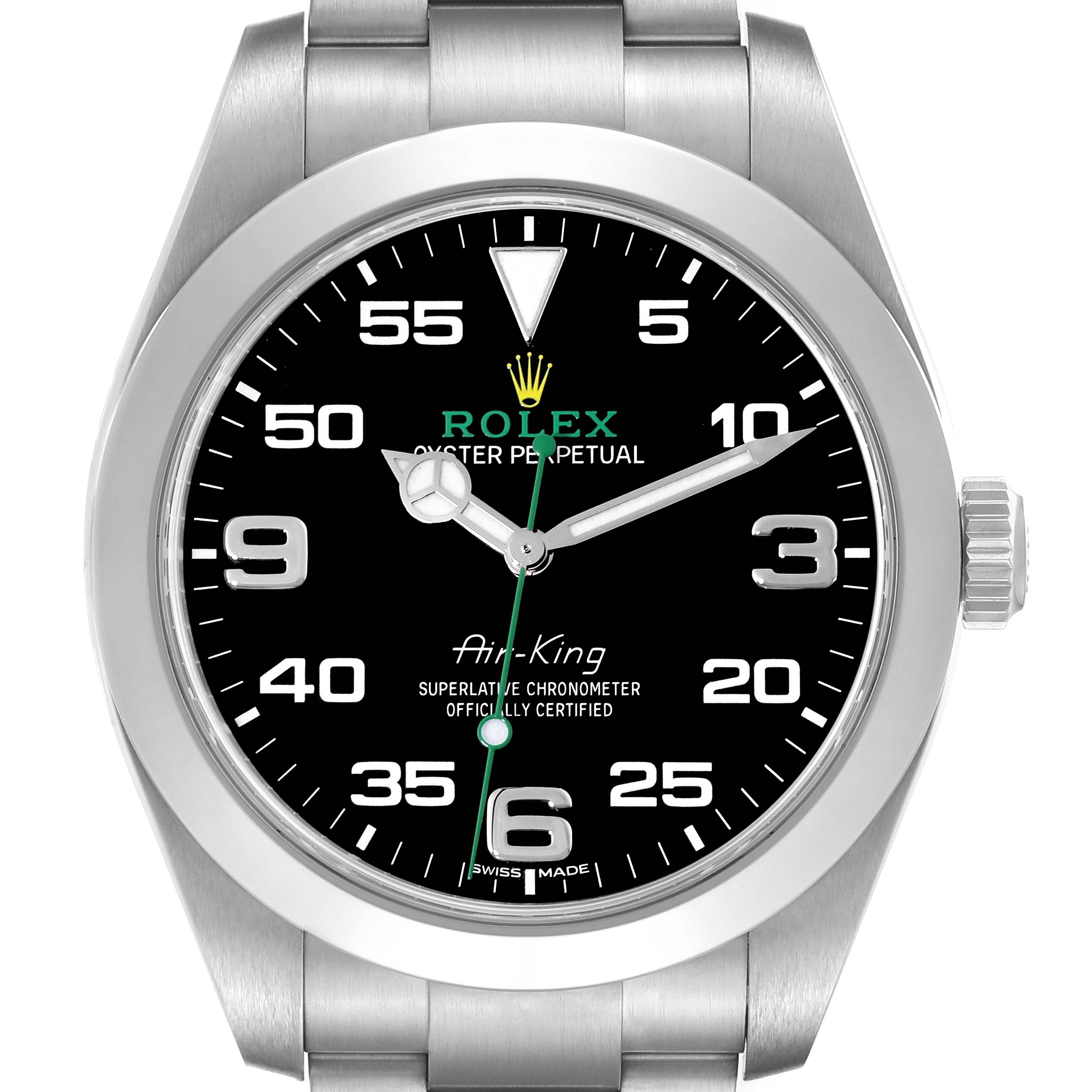 This is a front view of the Rolex Air-King 116900 Men's Stainless Steel Black Dial 116900 Men's Stainless Steel Black Dial watch, showing the face, bezel, and part of the bracelet.