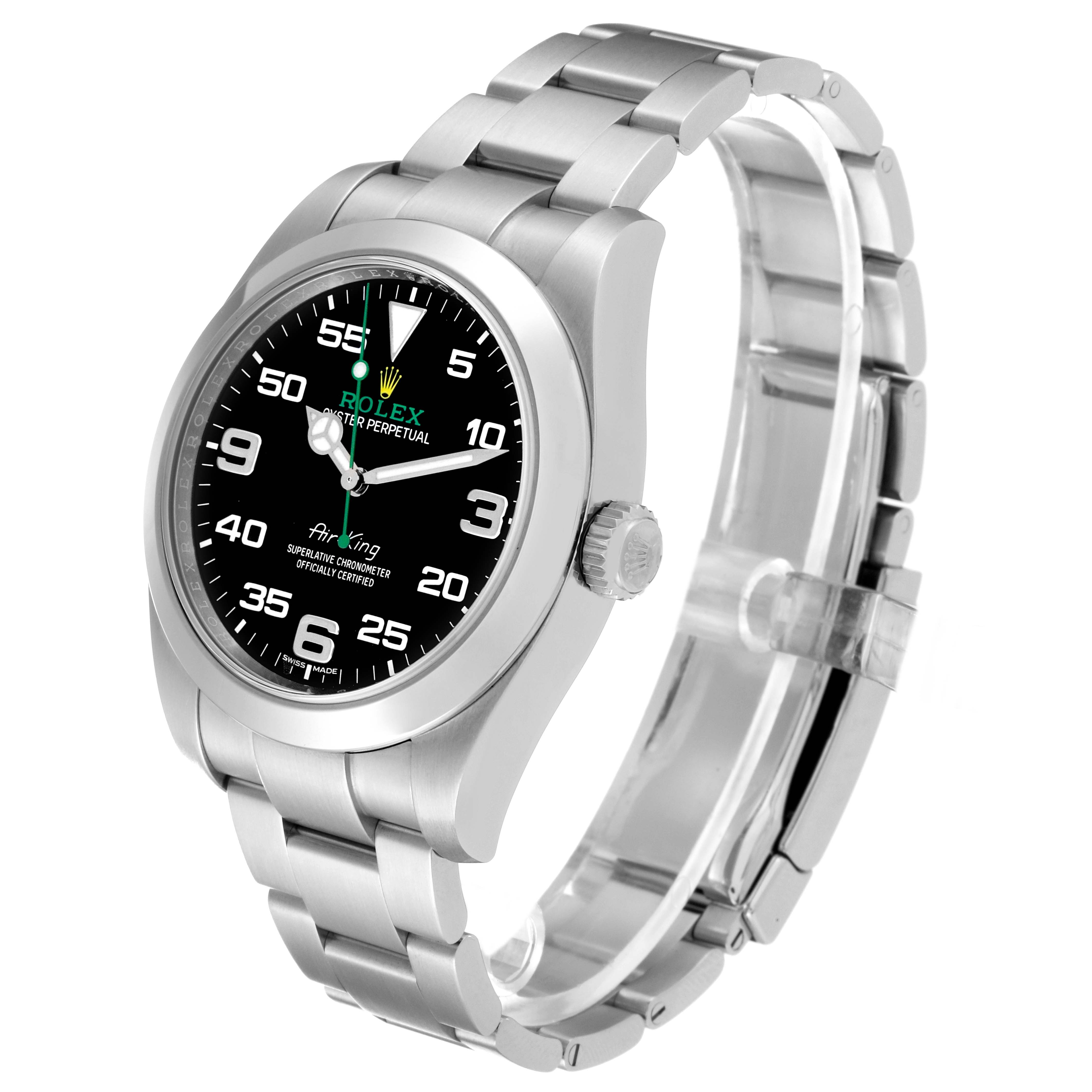 The image shows a Rolex Air-King 116900 Men's Stainless Steel Black Dial 116900 Men's Stainless Steel Black Dial watch at an angled view highlighting the black dial, stainless steel case, bezel, and bracelet.