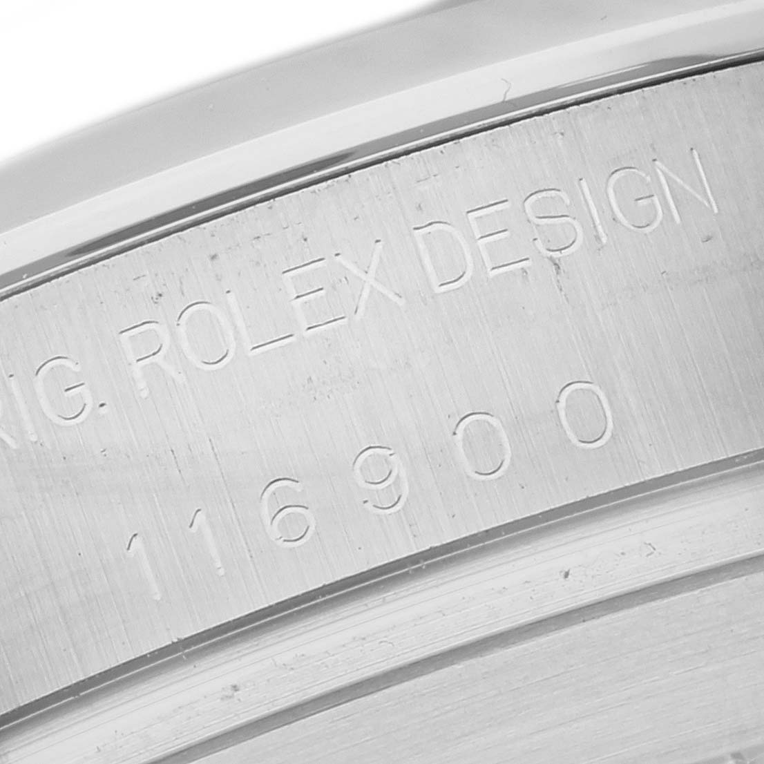 This close-up image shows the engraved model number and branding on the inner bezel of a Rolex Air-King 116900 Men's Stainless Steel Black Dial 116900 Men's Stainless Steel Black Dial watch.