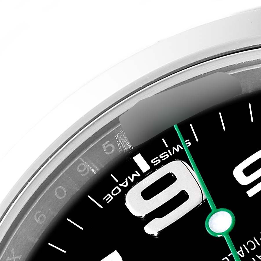 The image shows a close-up of the dial on a Rolex Air-King 116900 Men's Stainless Steel Black Dial 116900 Men's Stainless Steel Black Dial watch, focusing on the "6" numeral and "Swiss Made" text.