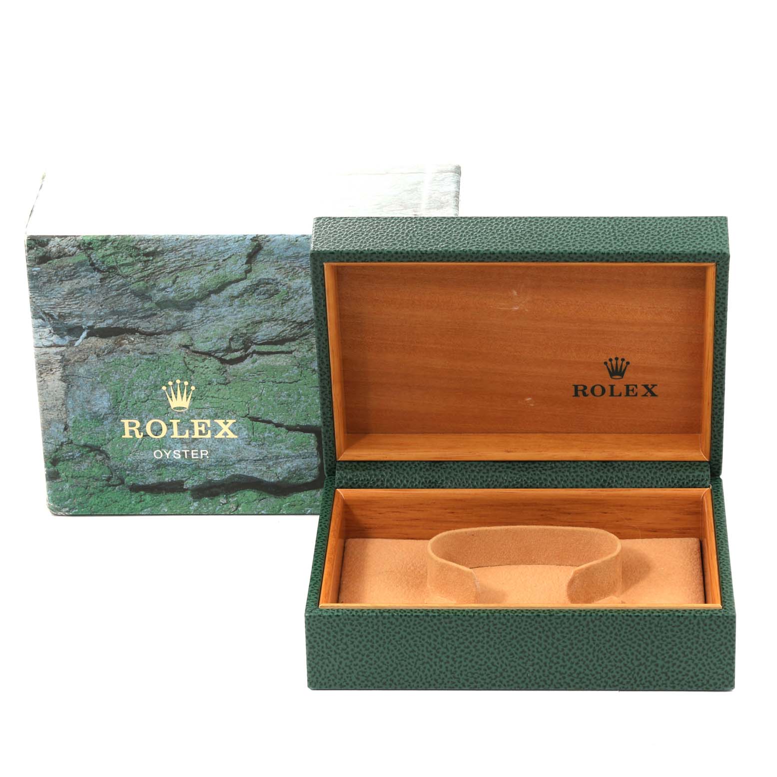 This image shows an empty Rolex watch box for a Mid-Size model, featuring an open green exterior and wooden interior.