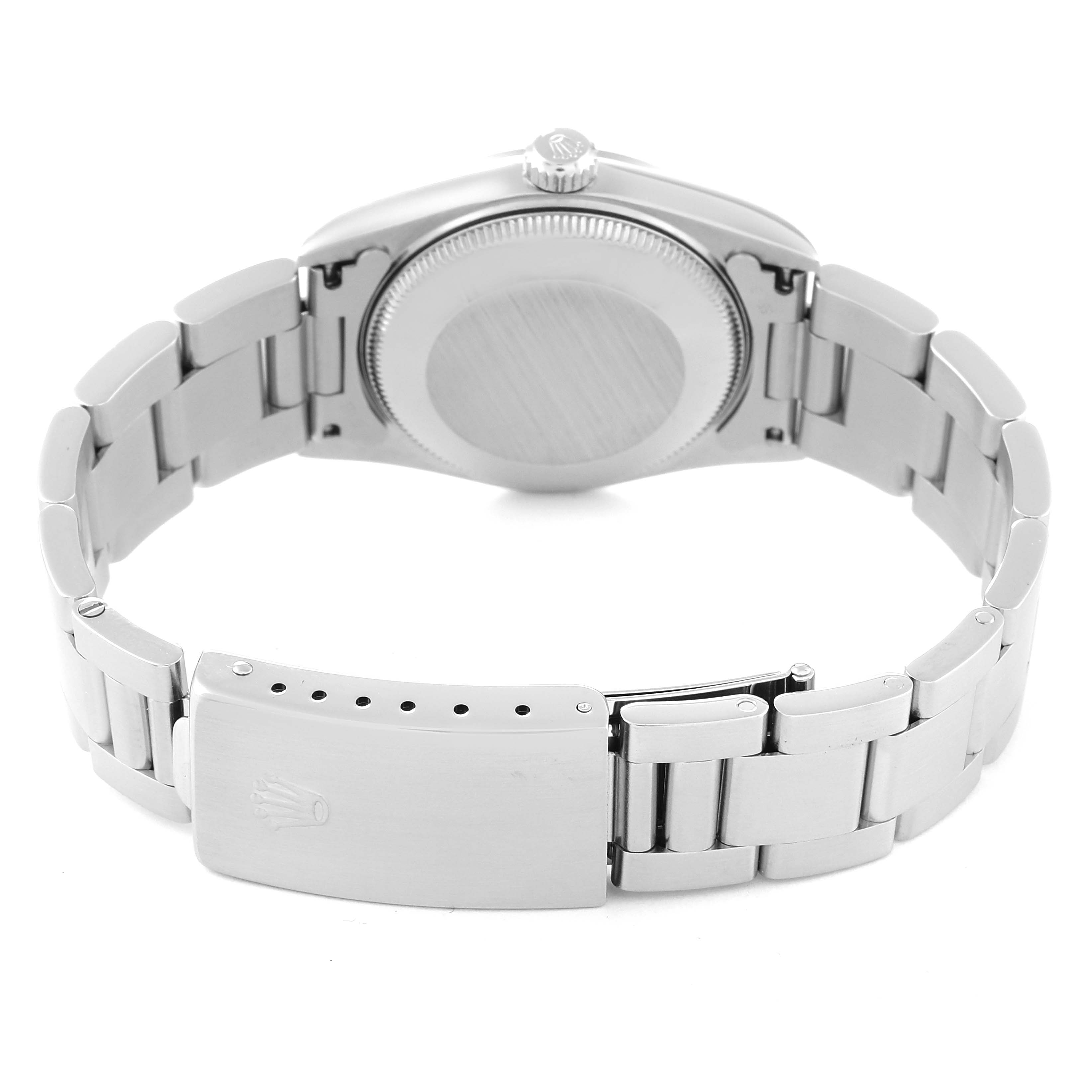 This image shows the back and clasp of a Rolex Mid-Size 77080 Women's Stainless Steel Pink Dial 77080 Women's Stainless Steel Pink Dial watch, highlighting the bracelet and case back.