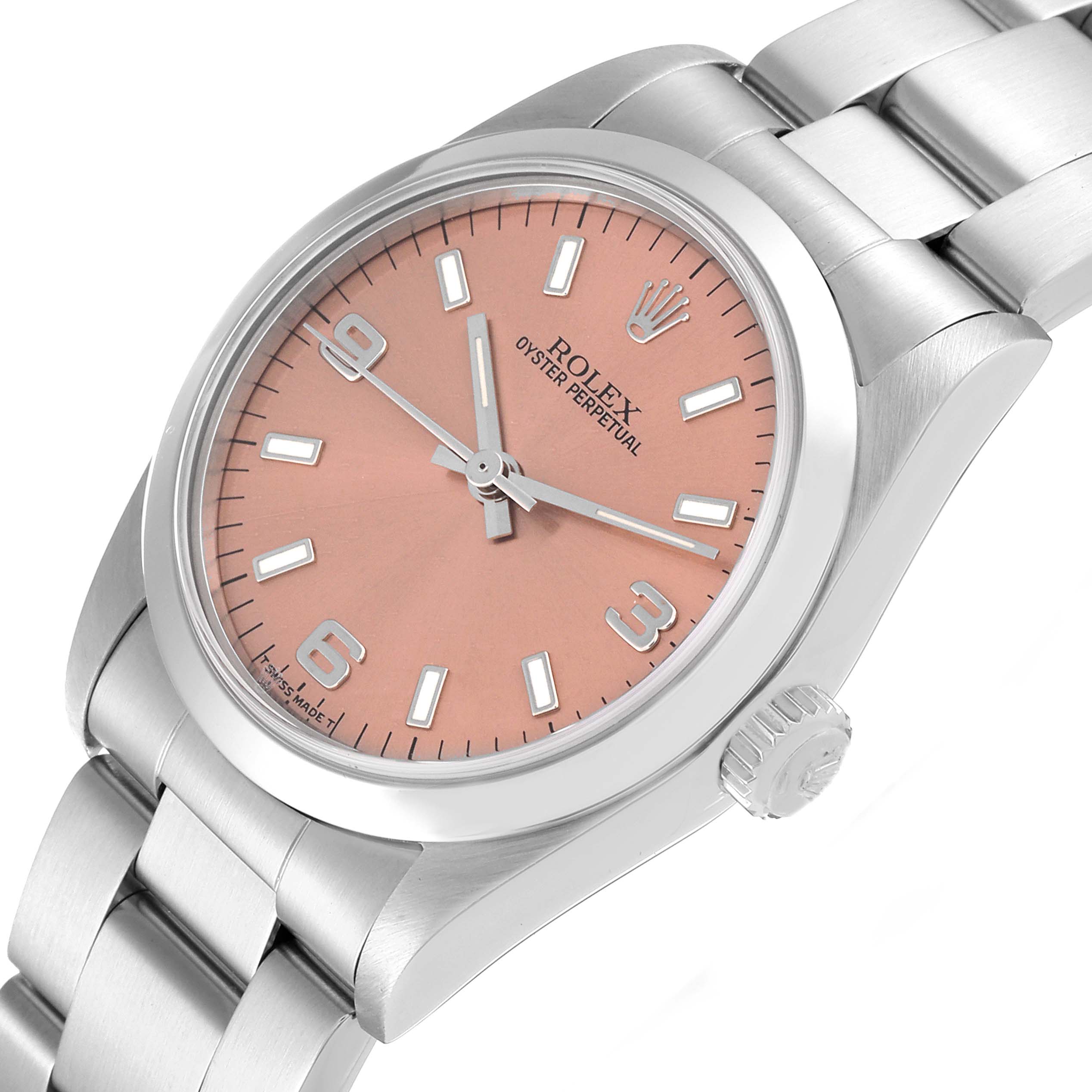 The image shows a close-up angle of a Rolex Oyster Perpetual Mid-Size watch, focusing on the dial, crown, and bracelet.