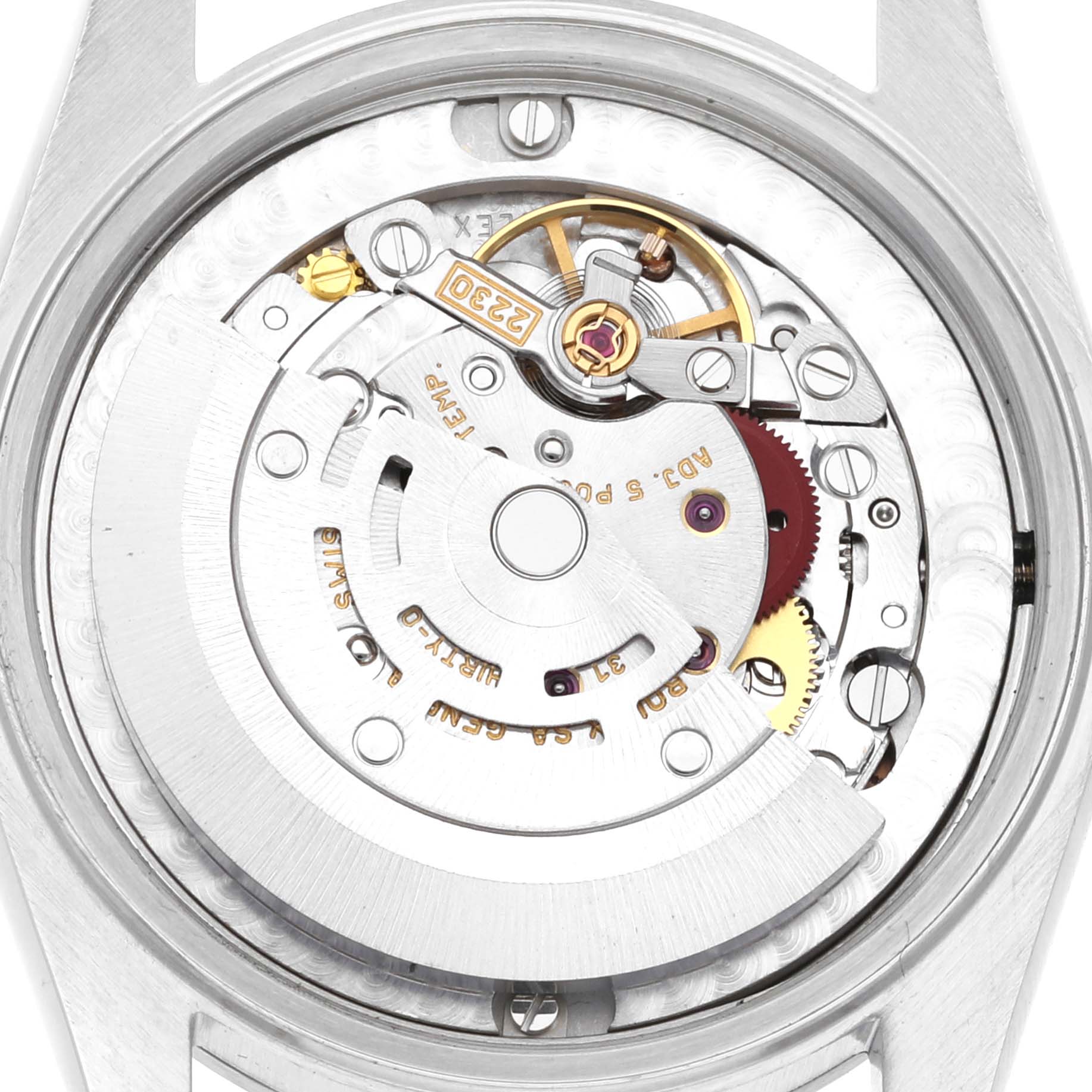 The image shows the internal movement parts of a Rolex Mid-Size 77080 Women's Stainless Steel Pink Dial 77080 Women's Stainless Steel Pink Dial watch, viewed from the back.