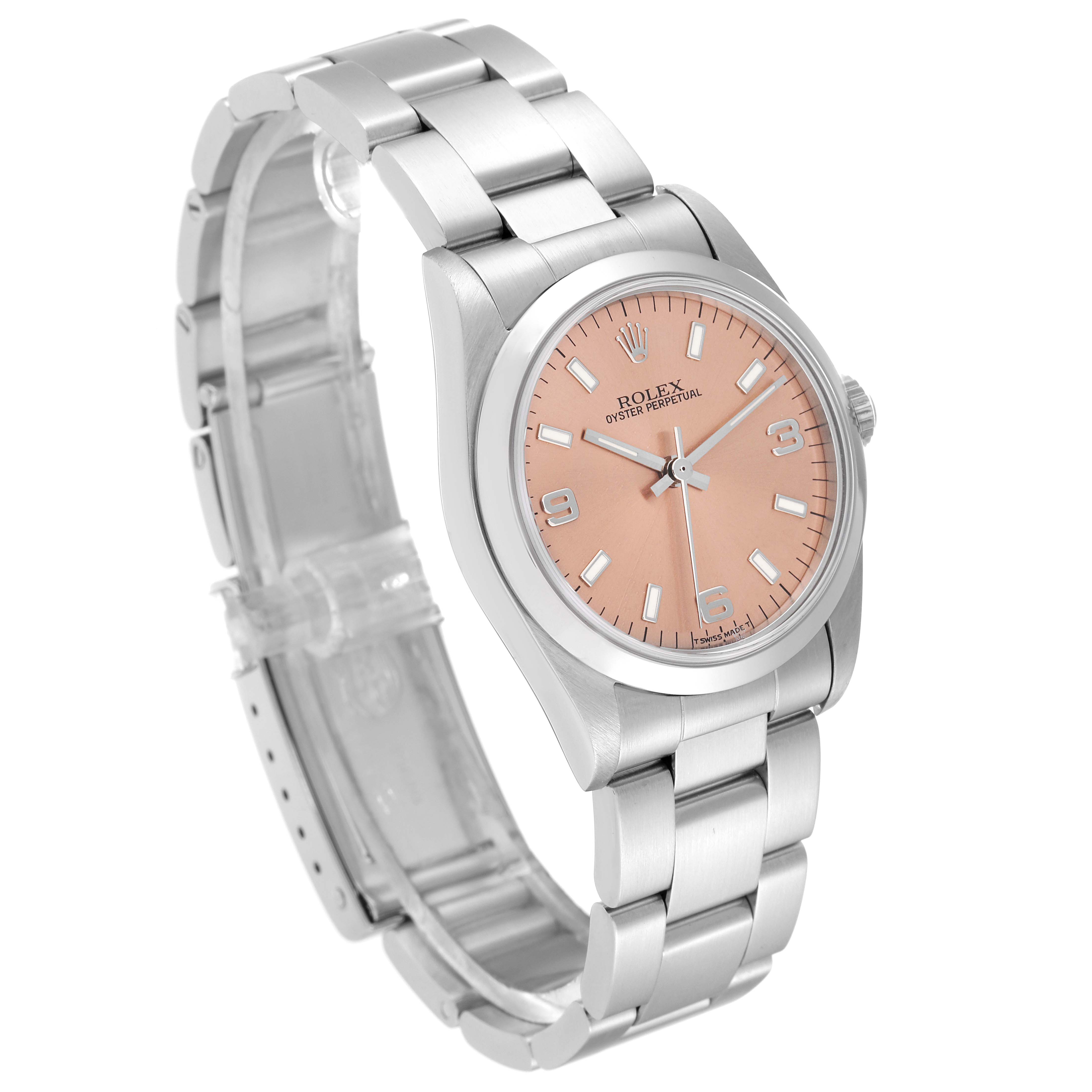 This Rolex Mid-Size 77080 Women's Stainless Steel Pink Dial 77080 Women's Stainless Steel Pink Dial model watch is shown at a three-quarter angle, highlighting its face, bezel, and bracelet.