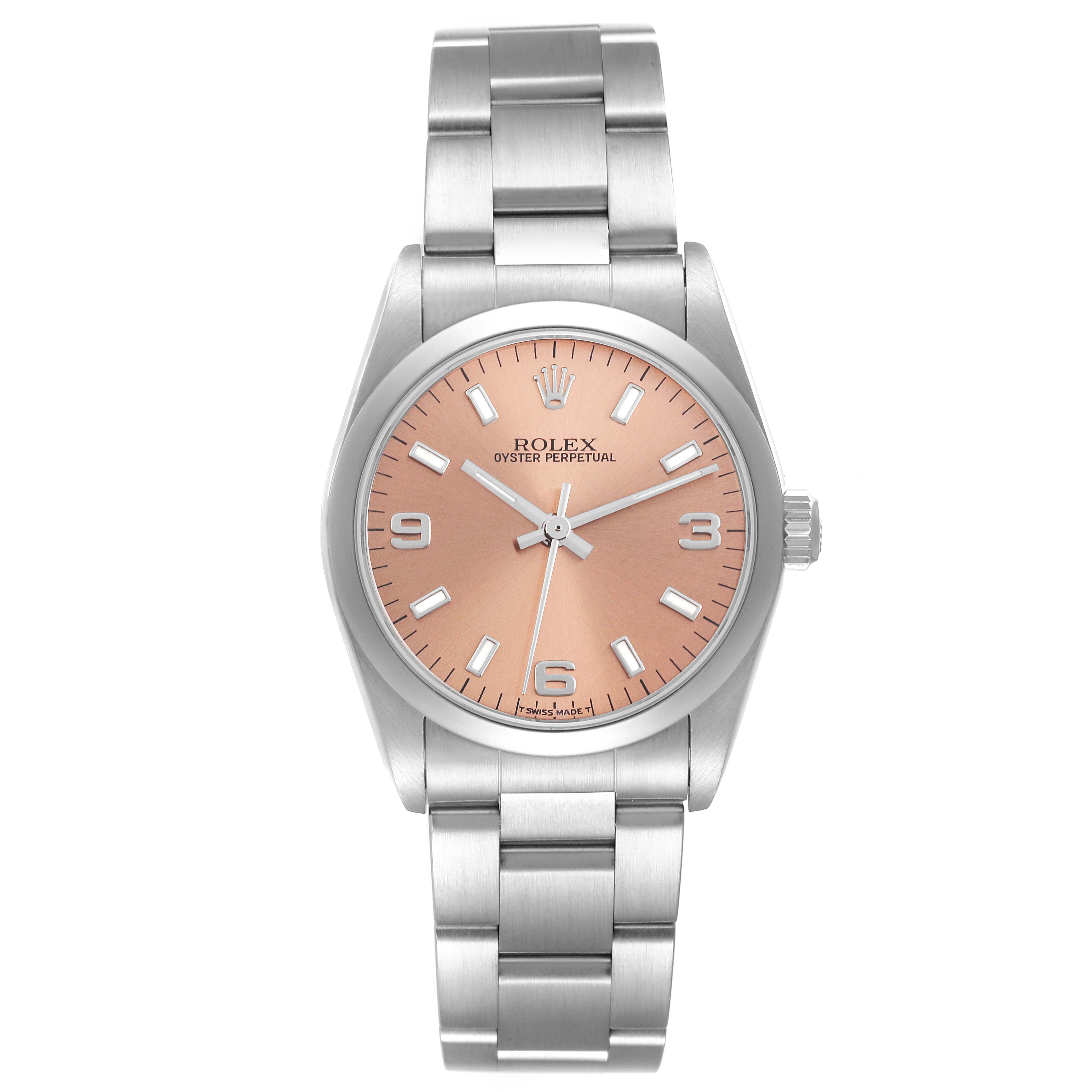 This Rolex Mid-Size 77080 Women's Stainless Steel Pink Dial 77080 Women's Stainless Steel Pink Dial model watch is shown from the front, displaying the dial, bezel, and bracelet.