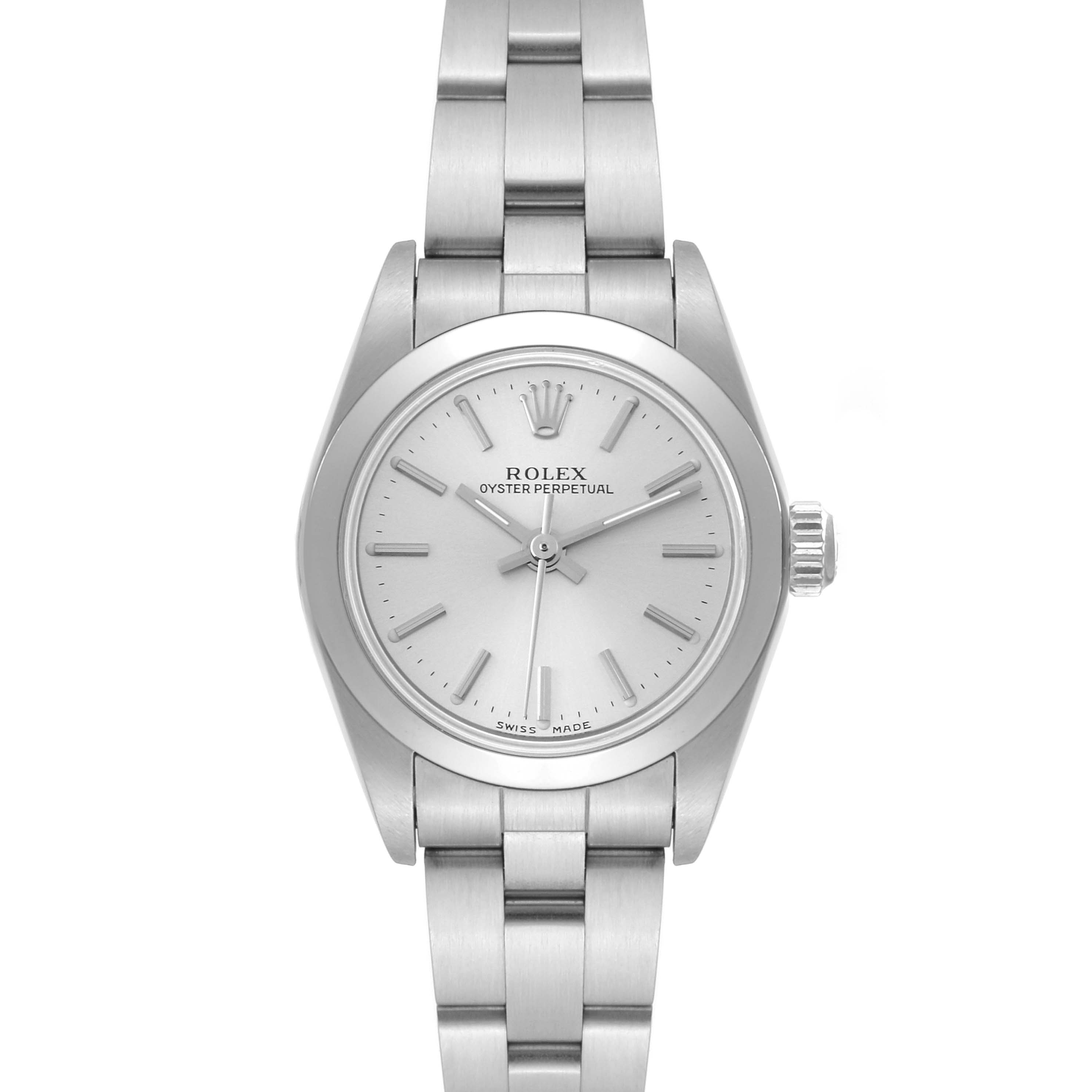 This image shows a front view of the Rolex Oyster Perpetual 76080 Women's Stainless Steel Silver Dial 76080 Women's Stainless Steel Silver Dial watch, displaying the dial, crown, and bracelet.