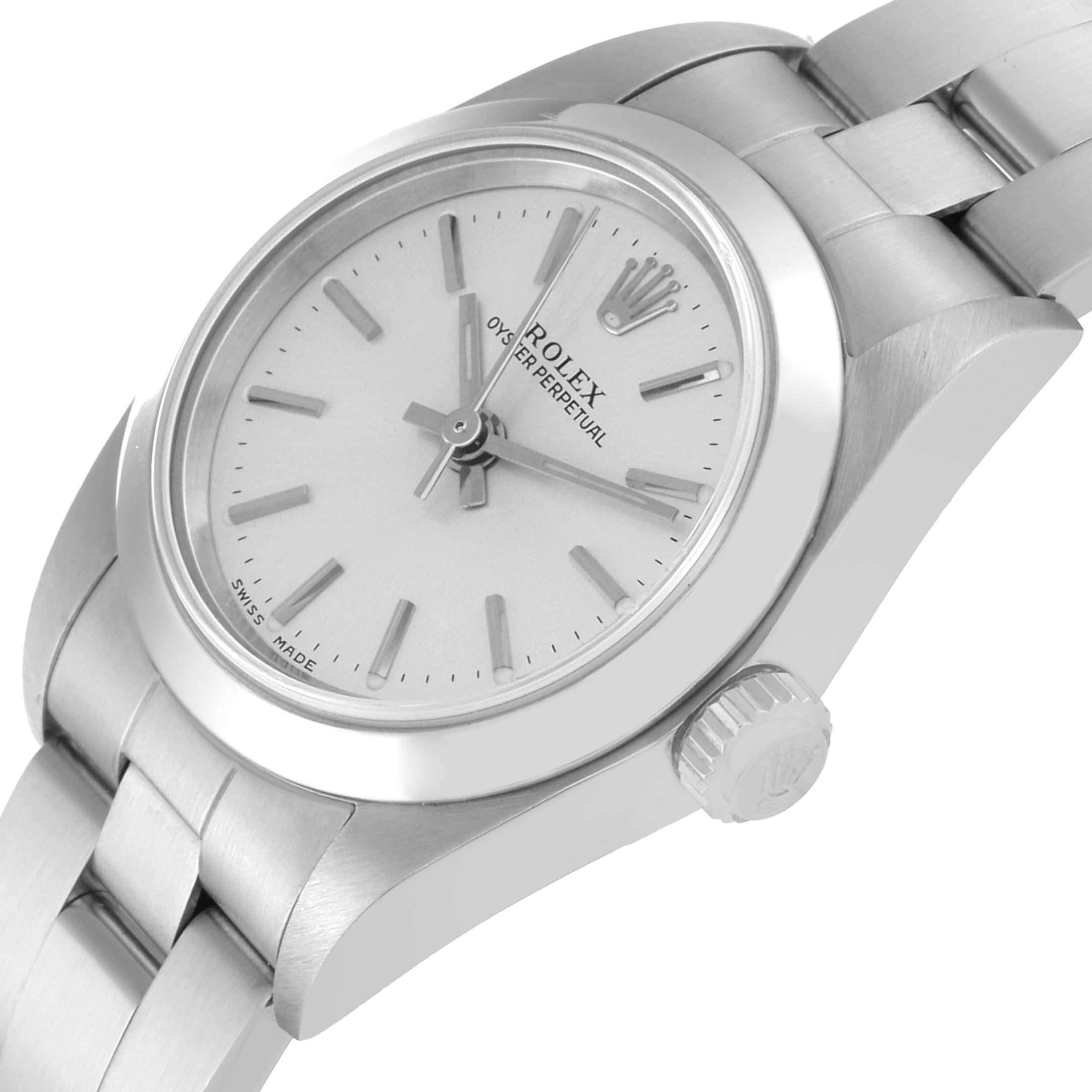 The image shows a close-up, angled view of the Rolex Oyster Perpetual 76080 Women's Stainless Steel Silver Dial 76080 Women's Stainless Steel Silver Dial watch's face, crown, and part of the bracelet.