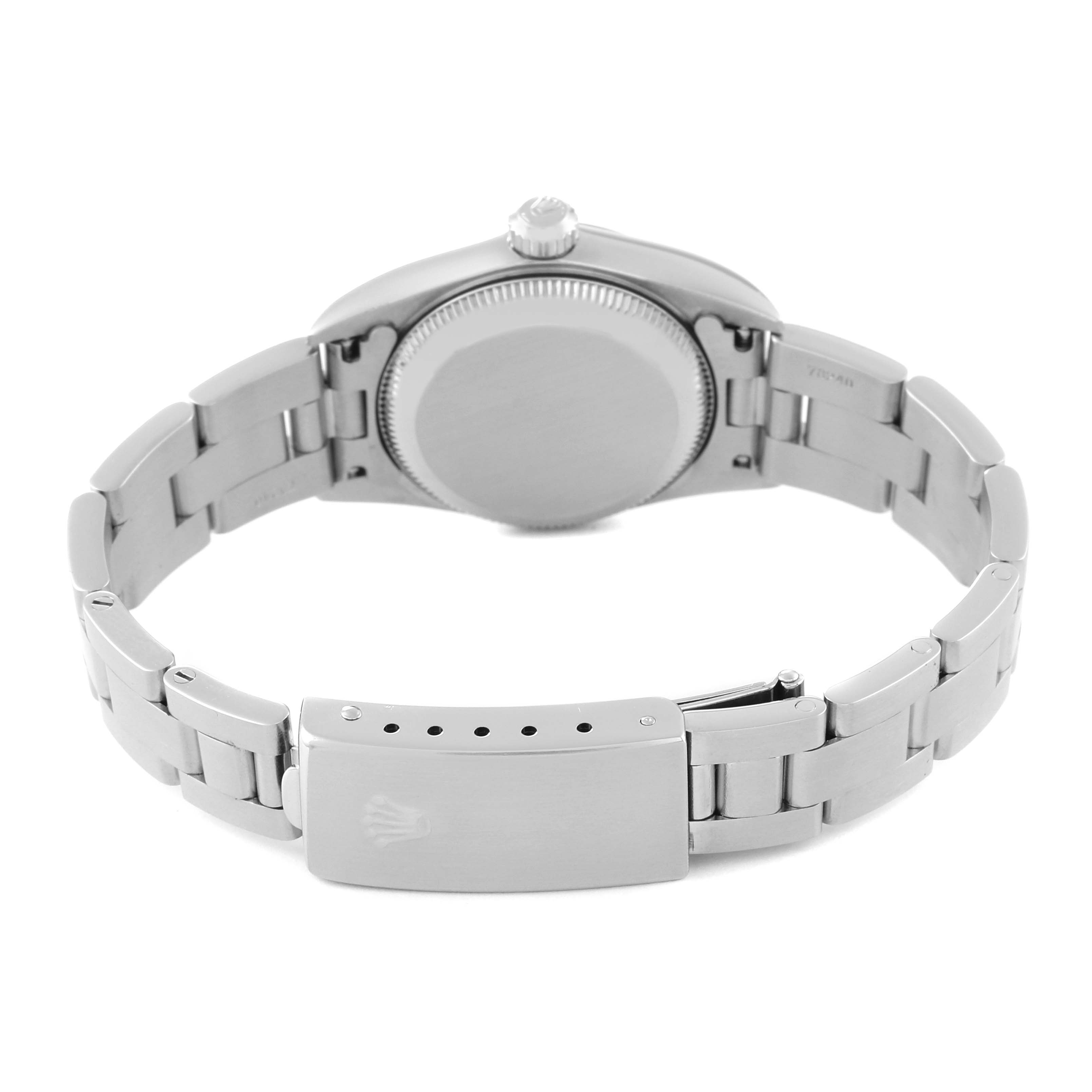 The image shows the back case and bracelet of a Rolex Oyster Perpetual 76080 Women's Stainless Steel Silver Dial 76080 Women's Stainless Steel Silver Dial watch from a rear angle.