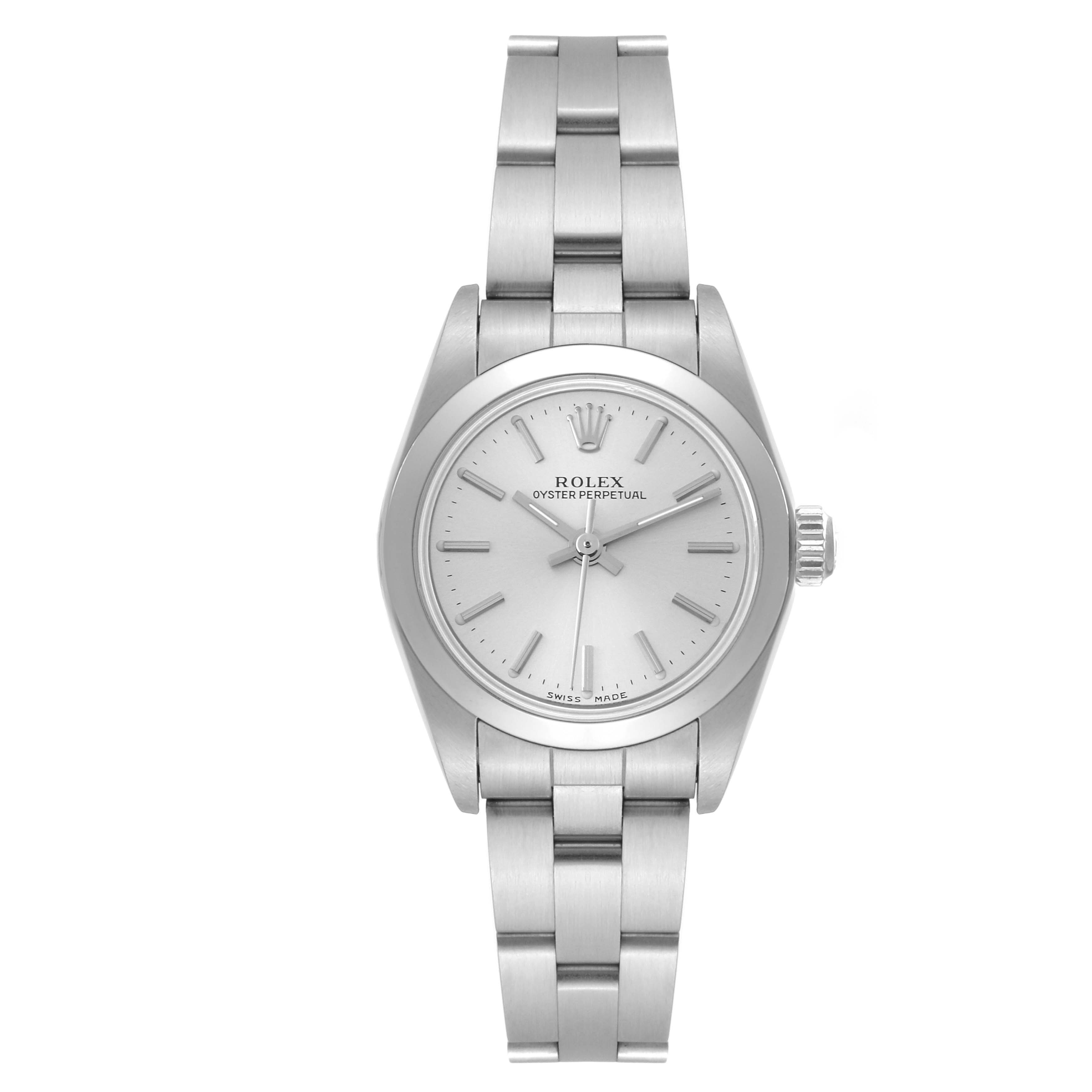 This Rolex Oyster Perpetual 76080 Women's Stainless Steel Silver Dial 76080 Women's Stainless Steel Silver Dial watch is shown from a front angle, displaying its face, dial, crown, and bracelet.
