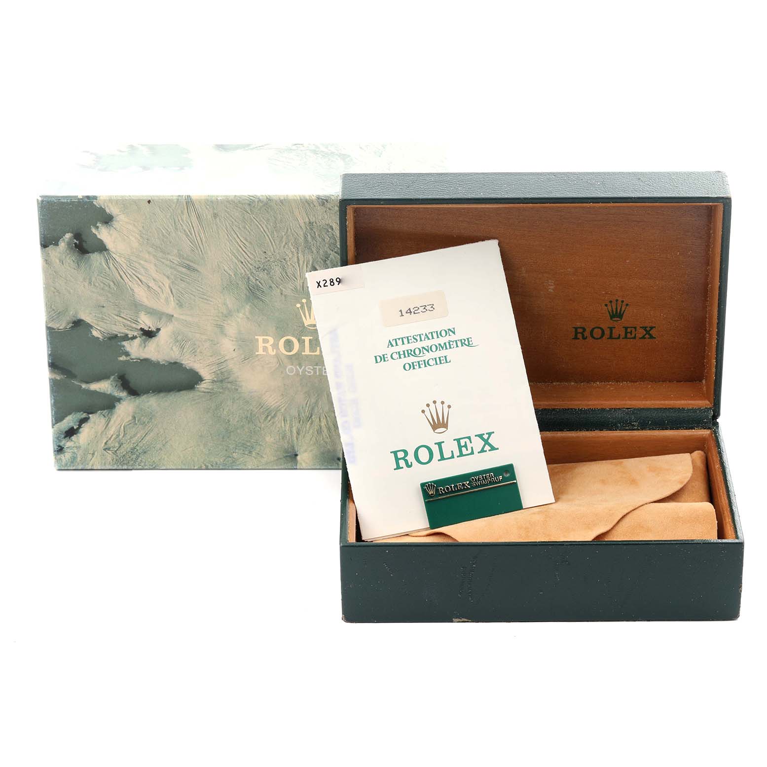 The image shows a Rolex Oyster Perpetual 14233 Men's Steel and Gold (two tone) Silver Dial 14233 Men's Steel and Gold (two tone) Silver Dial box and papers viewed from above, with authentication documents inside the open box.