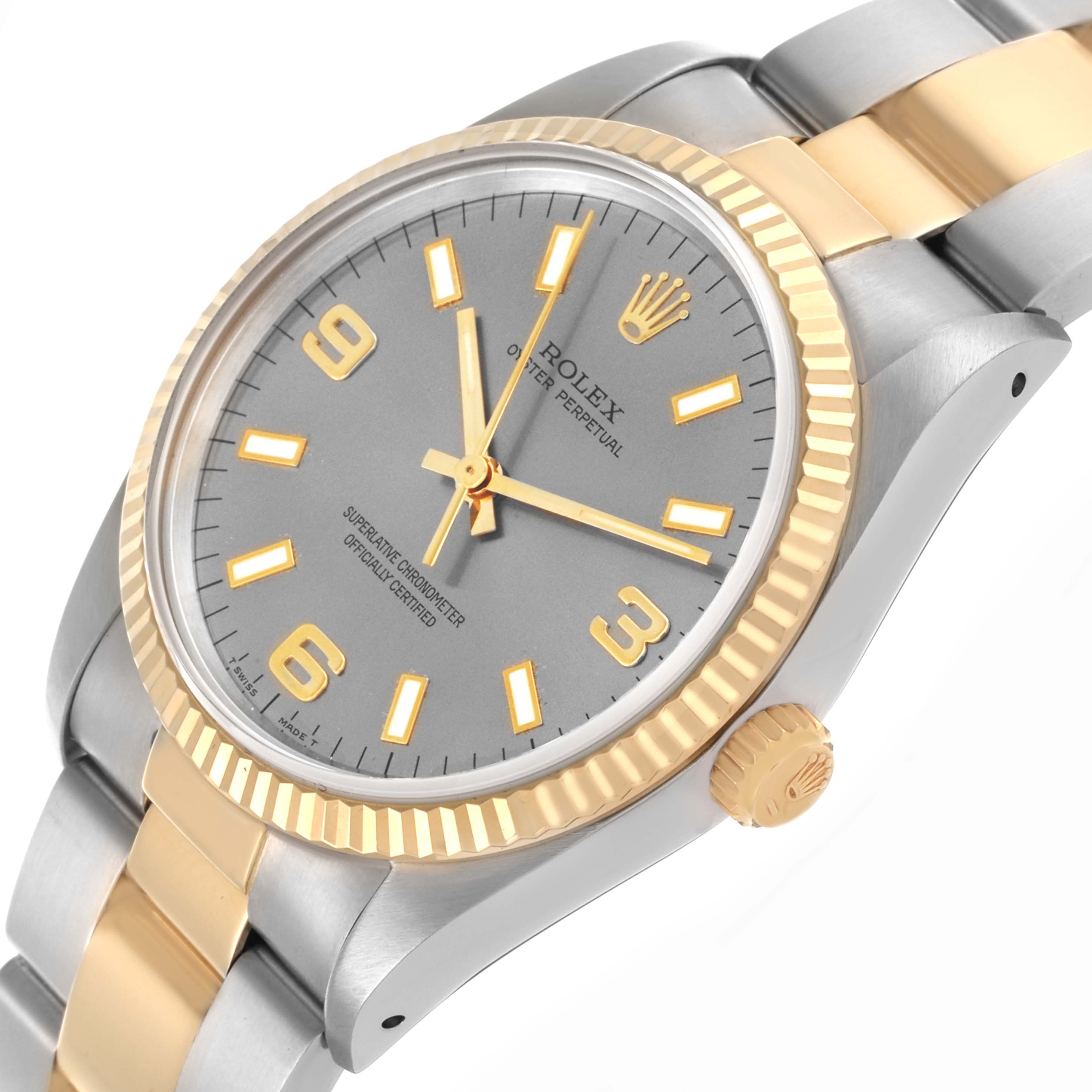 The Rolex Oyster Perpetual 14233 Men's Steel and Gold (two tone) Silver Dial 14233 Men's Steel and Gold (two tone) Silver Dial watch is shown from a slightly angled side view, highlighting the face, bezel, crown, and bracelet.