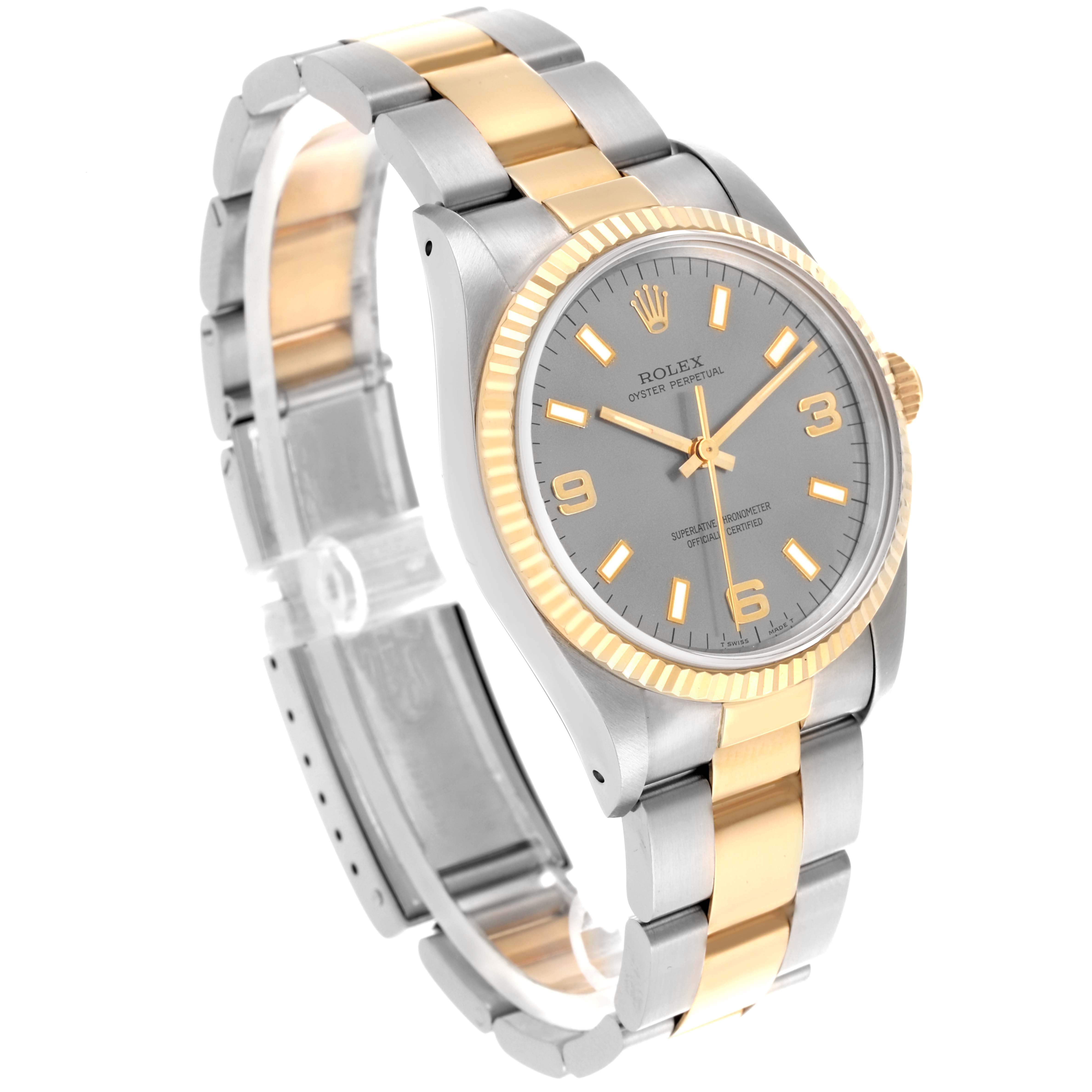 The Rolex Oyster Perpetual 14233 Men's Steel and Gold (two tone) Silver Dial 14233 Men's Steel and Gold (two tone) Silver Dial watch is shown at a three-quarter angle, highlighting its two-tone bracelet, bezel, and dial.