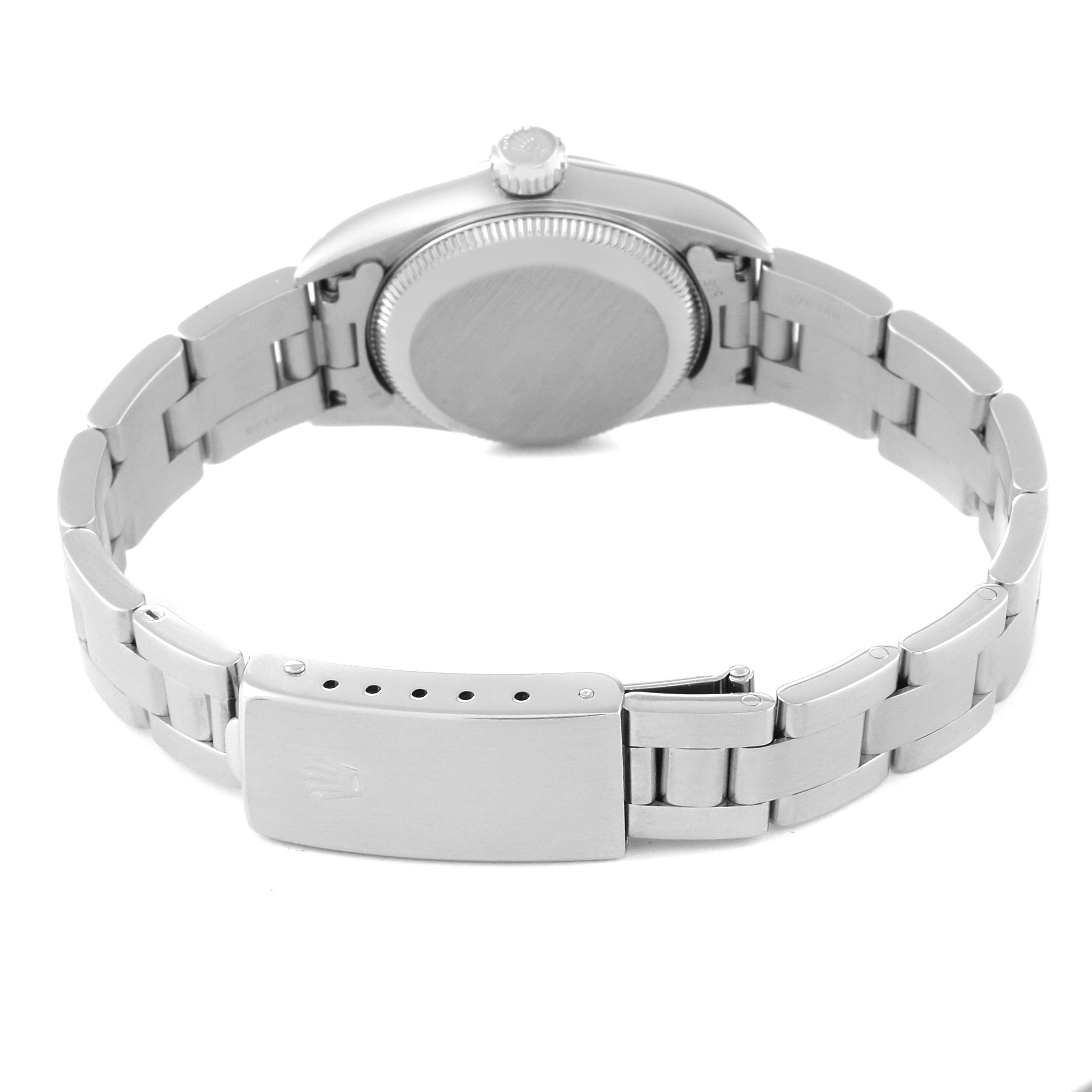This image shows the back view of the Rolex Oyster Perpetual 67180 Women's Stainless Steel Black Dial 67180 Women's Stainless Steel Black Dial watch, highlighting the clasp and bracelet.