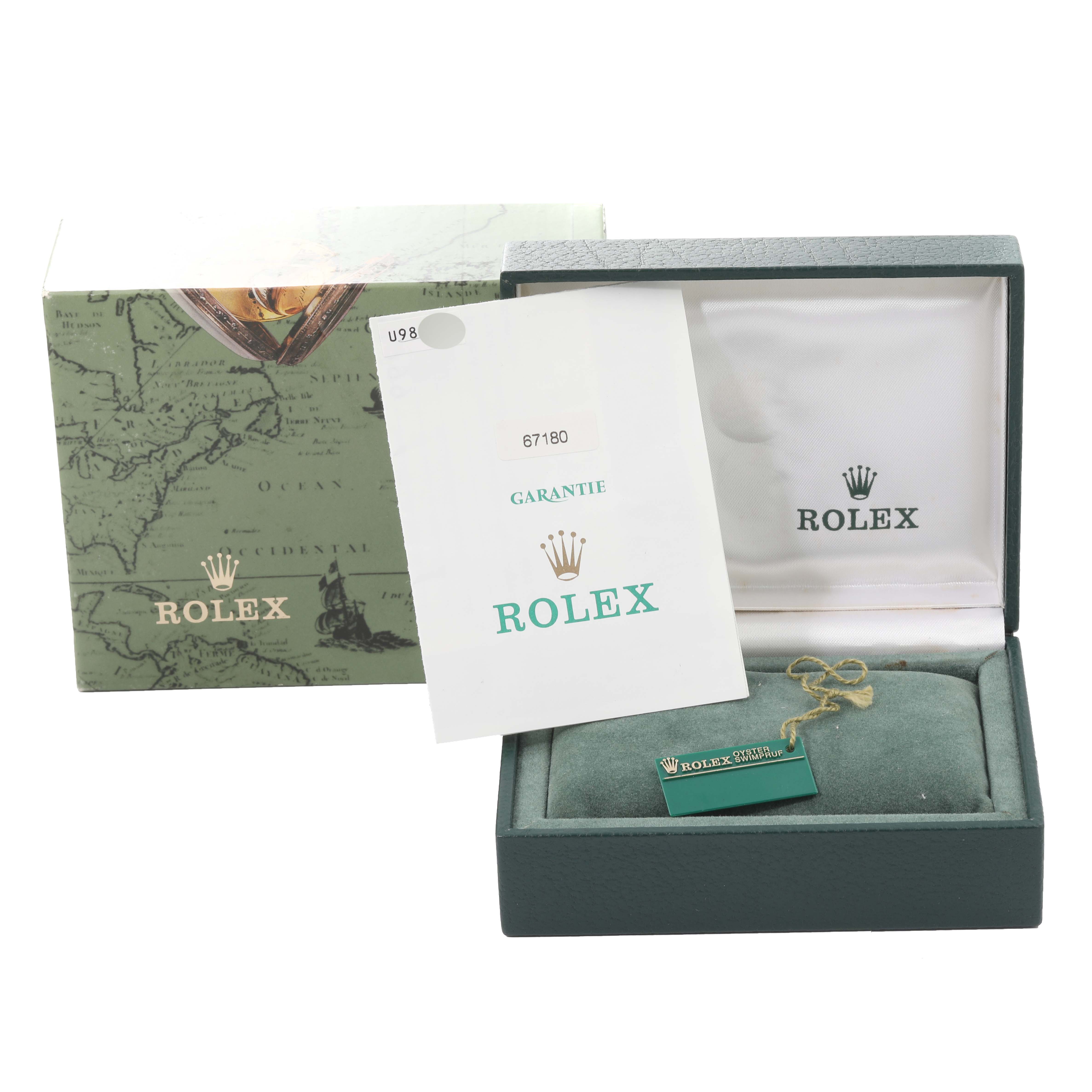 The image shows the packaging, an open box, and warranty card for a Rolex Oyster Perpetual 67180 Women's Stainless Steel Black Dial 67180 Women's Stainless Steel Black Dial watch.