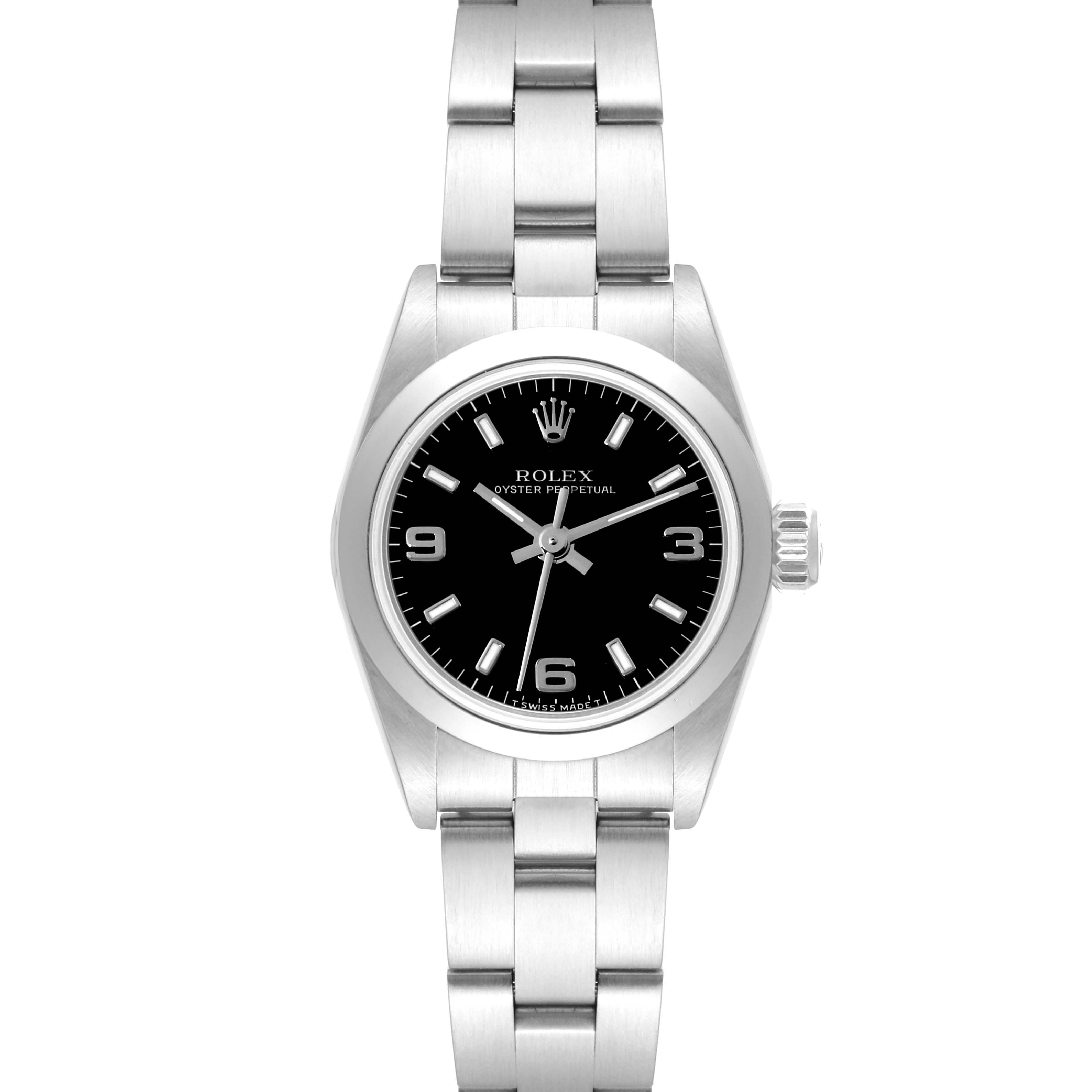 The image shows a front view of a Rolex Oyster Perpetual 67180 Women's Stainless Steel Black Dial 67180 Women's Stainless Steel Black Dial watch, displaying the face, bezel, crown, and bracelet.