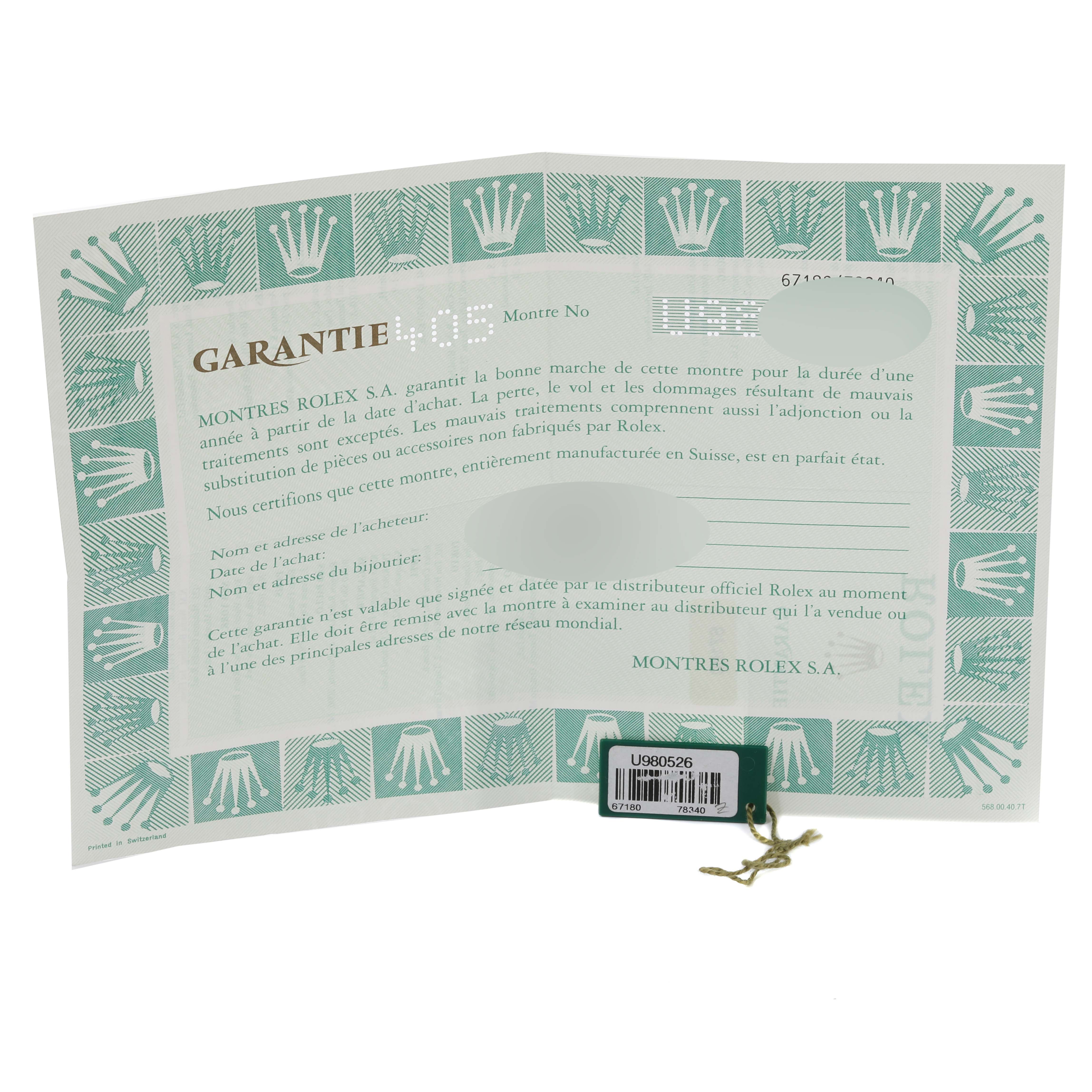 The image shows a warranty card and a hangtag for the Rolex Oyster Perpetual 67180 Women's Stainless Steel Black Dial 67180 Women's Stainless Steel Black Dial model.