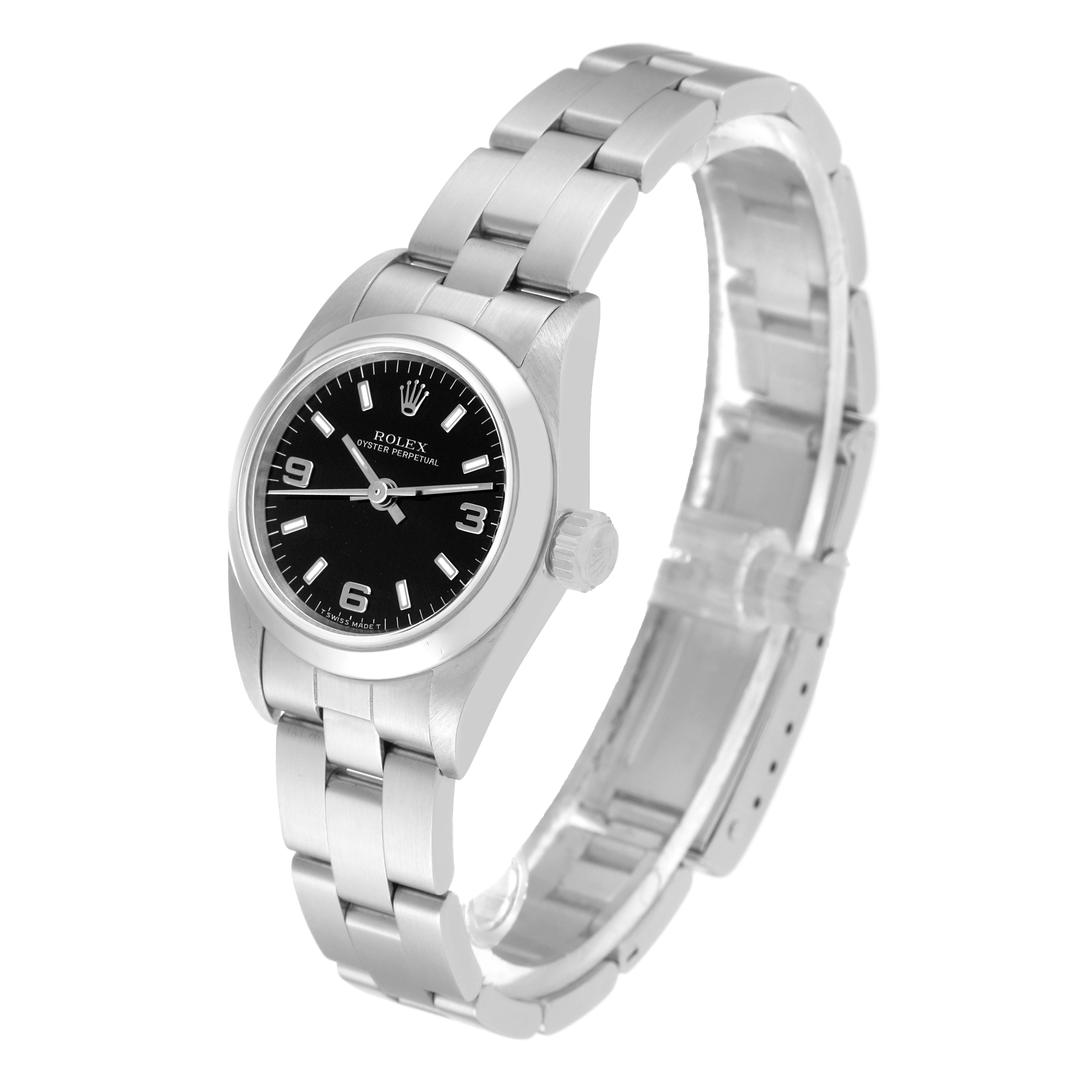 The image shows a front-angle view of the Rolex Oyster Perpetual 67180 Women's Stainless Steel Black Dial 67180 Women's Stainless Steel Black Dial watch, featuring the face, bezel, crown, and part of the bracelet.