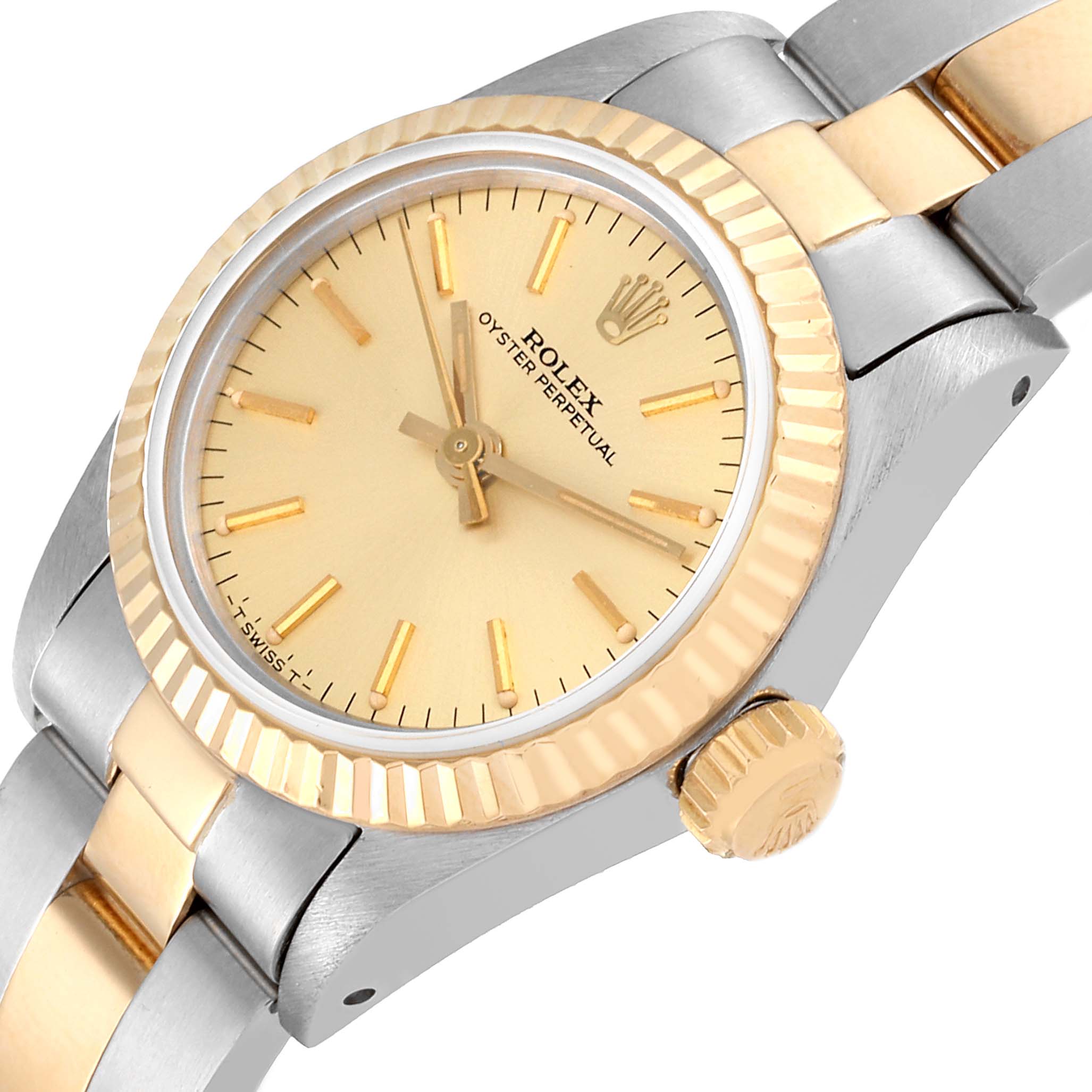 This image shows a close-up angle of the Rolex Oyster Perpetual 67193 Women's Steel and Gold (two tone) Champagne Dial 67193 Women's Steel and Gold (two tone) Champagne Dial watch, highlighting its face, bezel, crown, and part of the bracelet.