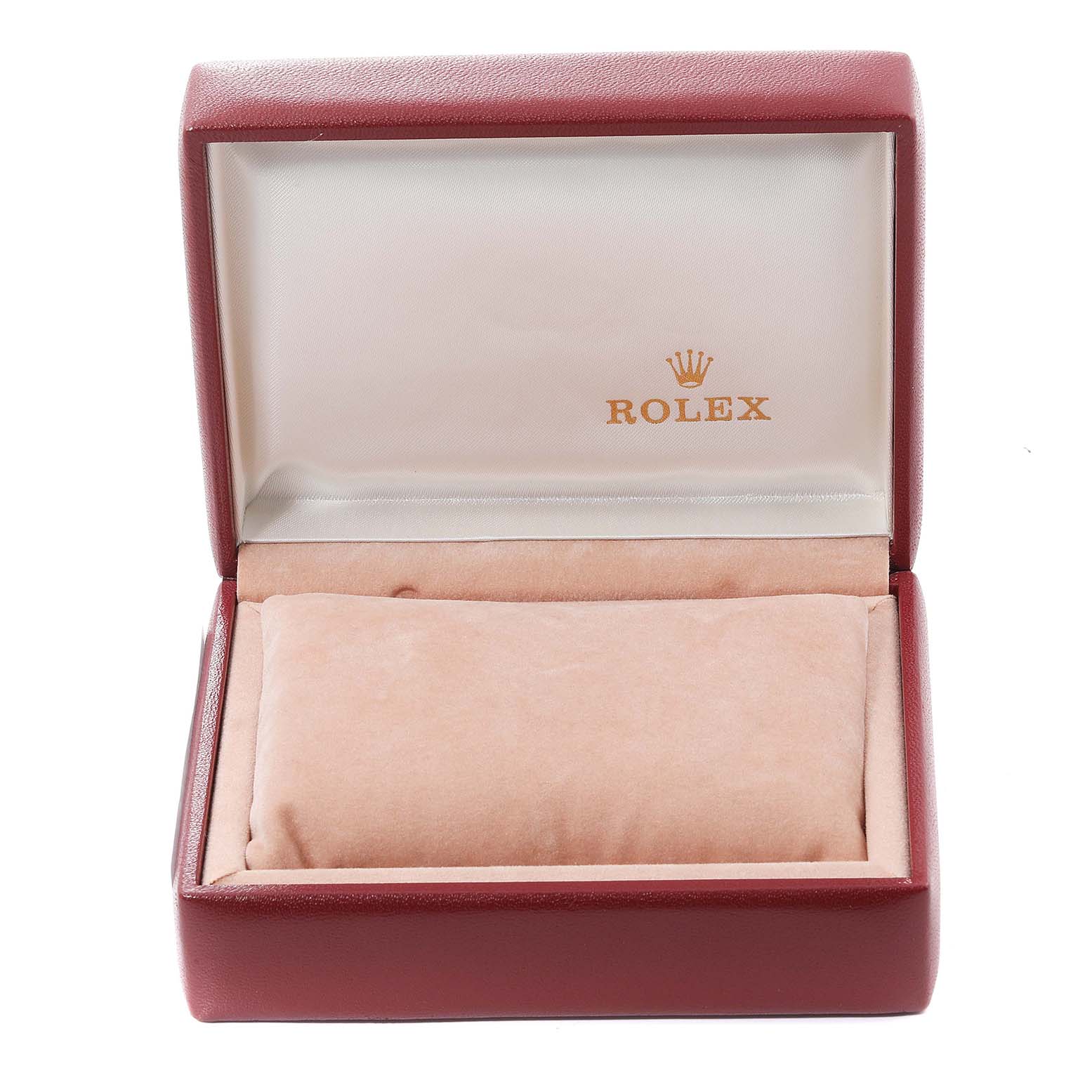 The image shows an open watch box for the Rolex Oyster Perpetual 67193 Women's Steel and Gold (two tone) Champagne Dial 67193 Women's Steel and Gold (two tone) Champagne Dial model, displaying the inner cushion and the Rolex logo on the lid.