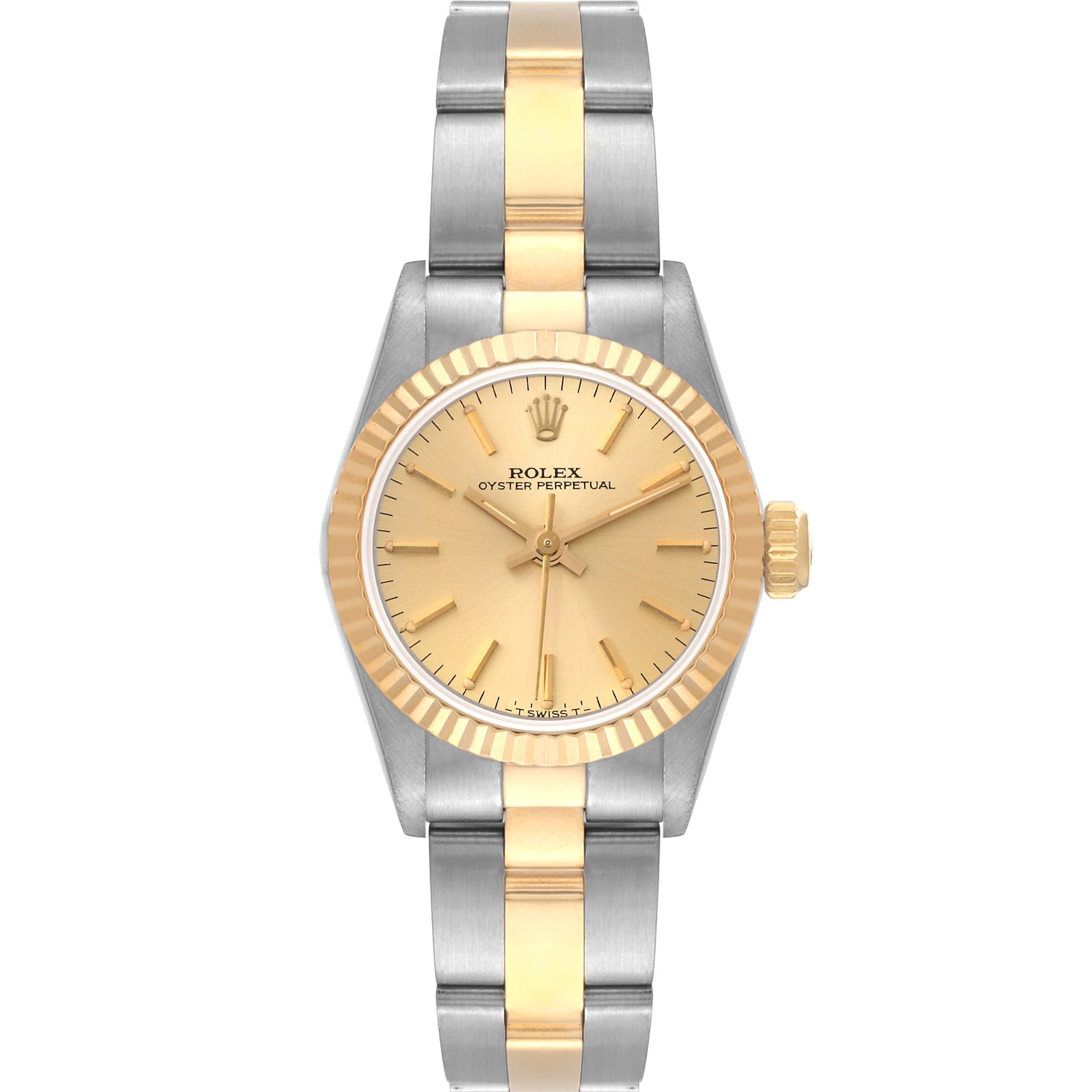 The image shows a front view of a Rolex Oyster Perpetual 67193 Women's Steel and Gold (two tone) Champagne Dial 67193 Women's Steel and Gold (two tone) Champagne Dial watch, highlighting its bracelet, case, and gold dial.