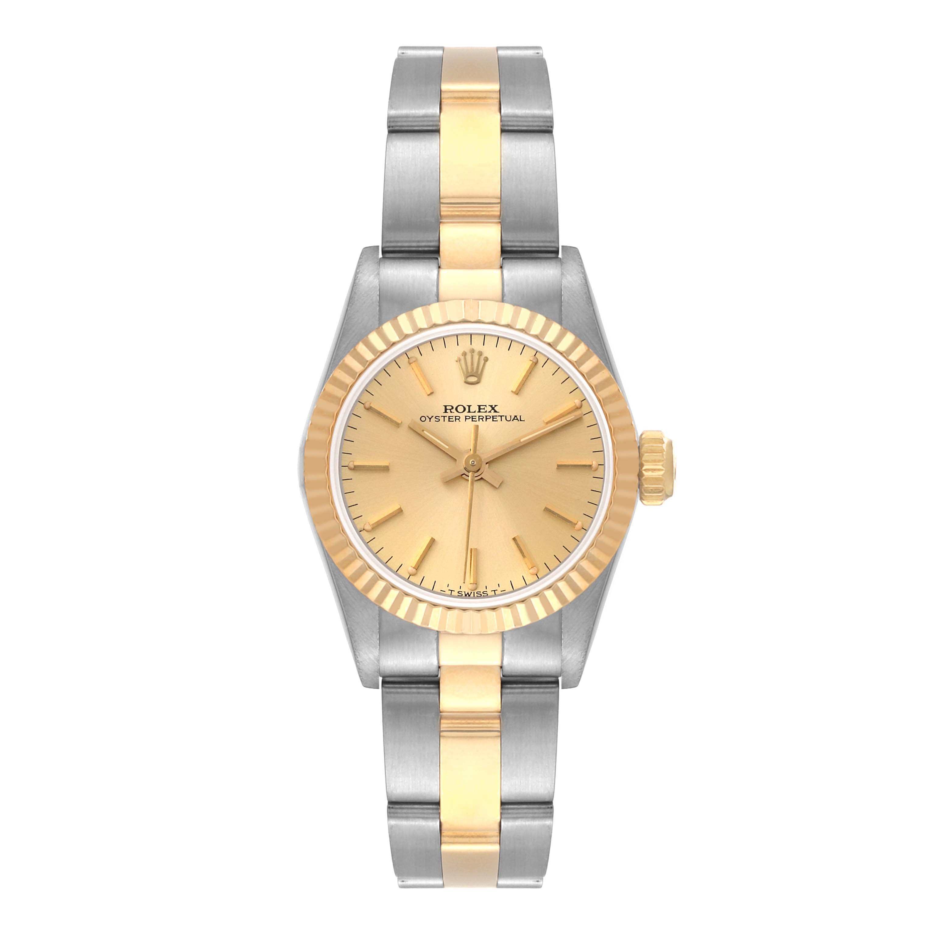 This image shows a front view of a Rolex Oyster Perpetual 67193 Women's Steel and Gold (two tone) Champagne Dial 67193 Women's Steel and Gold (two tone) Champagne Dial watch with a two-tone metal strap and gold dial.