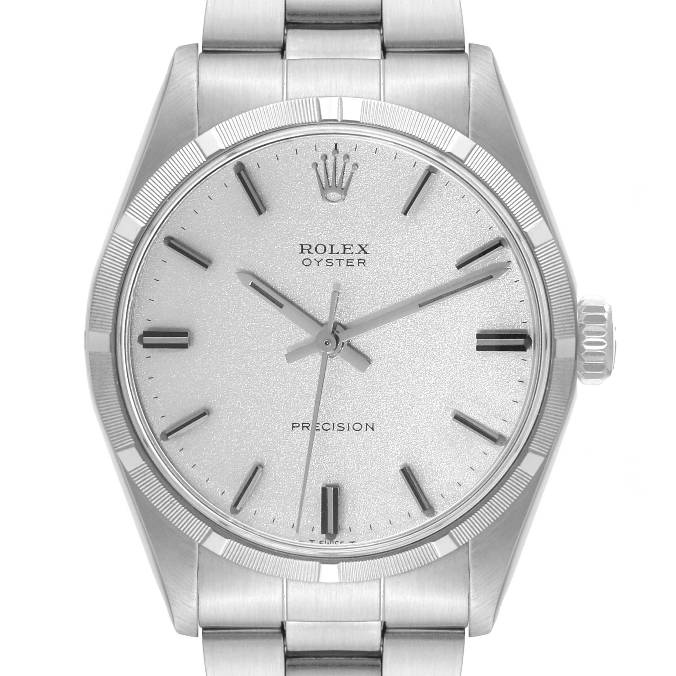The image shows a frontal view of the Rolex Vintage Collection 6427 Men's Stainless Steel Silver Dial 6427 Men's Stainless Steel Silver Dial Oyster Precision watch displaying the dial, bezel, crown, and part of the bracelet.