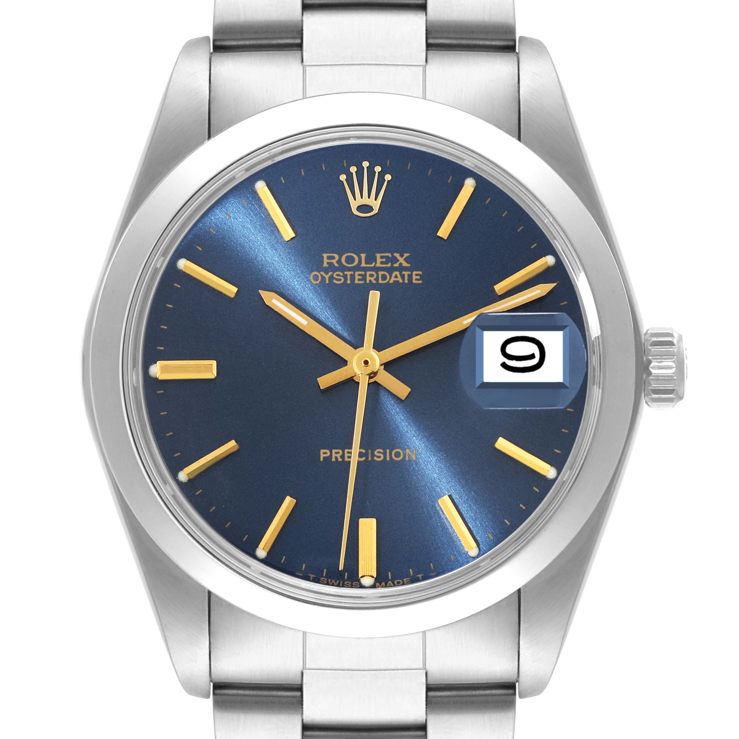 The image shows a front view of a Rolex Vintage Collection 6694 Men's Stainless Steel Blue Dial 6694 Men's Stainless Steel Blue Dial Oysterdate watch, highlighting the blue dial, date window, and bracelet.